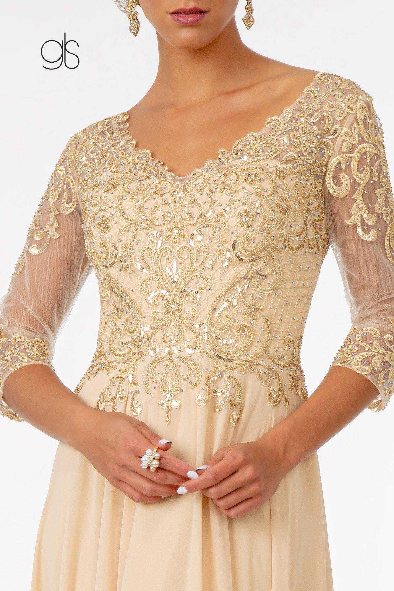 Champagne Embroidered Bodice VNeck Long Formal Dress for 281.99 The