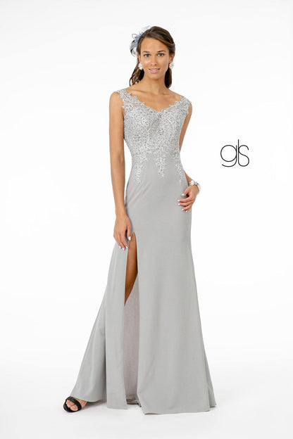 Embroidered Bodice Jersey Long Prom Dress - The Dress Outlet Elizabeth K