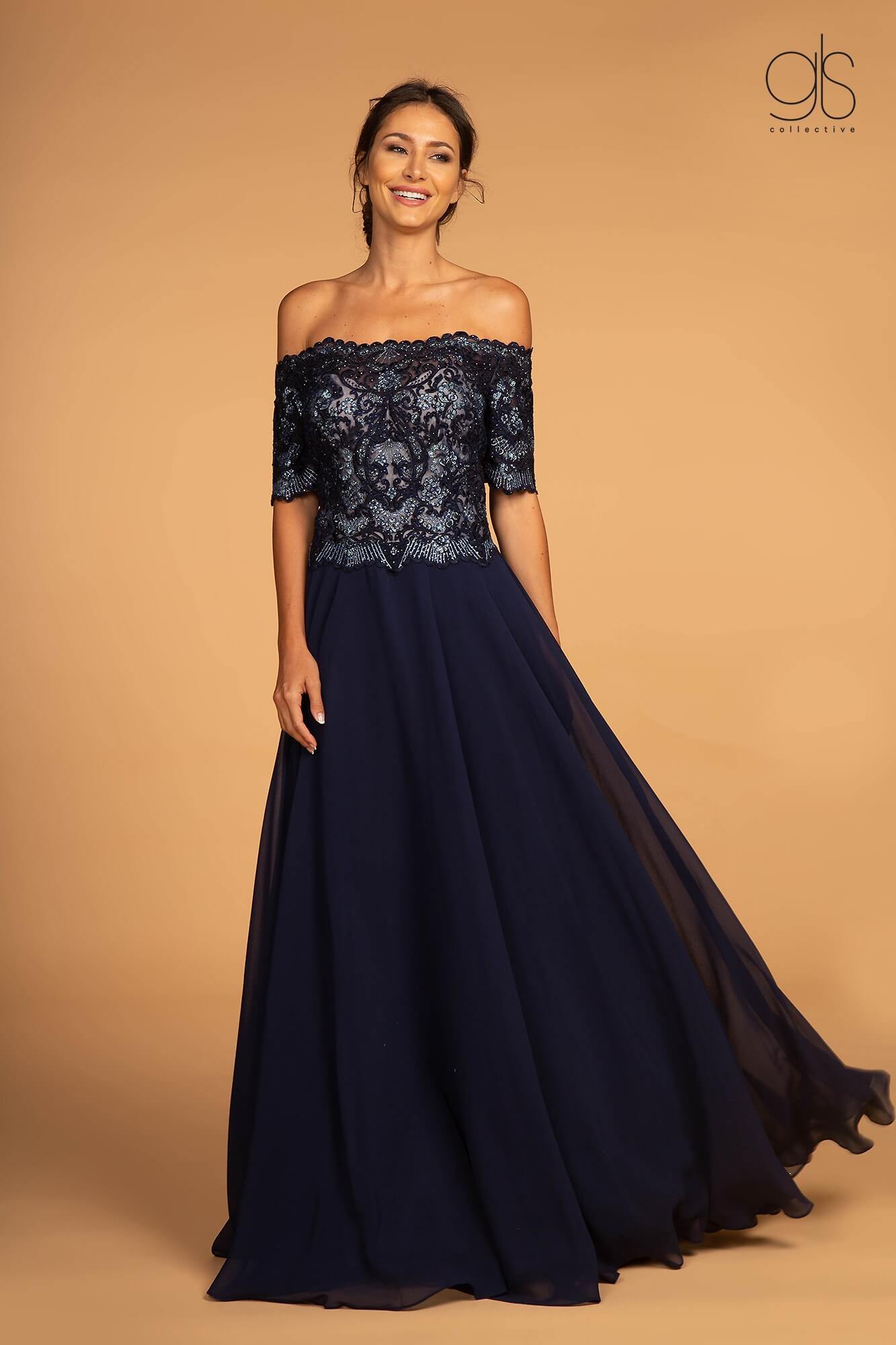 embroidered bodice high neck long chiffon prom dress Long Chiffon Embroidered-Bodice Prom Dress Champagne / XSmall