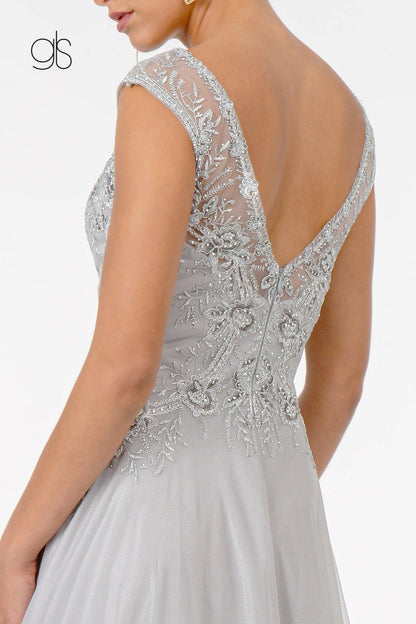 Embroidered Bodice V-Neck Long Formal Dress - The Dress Outlet Elizabeth K