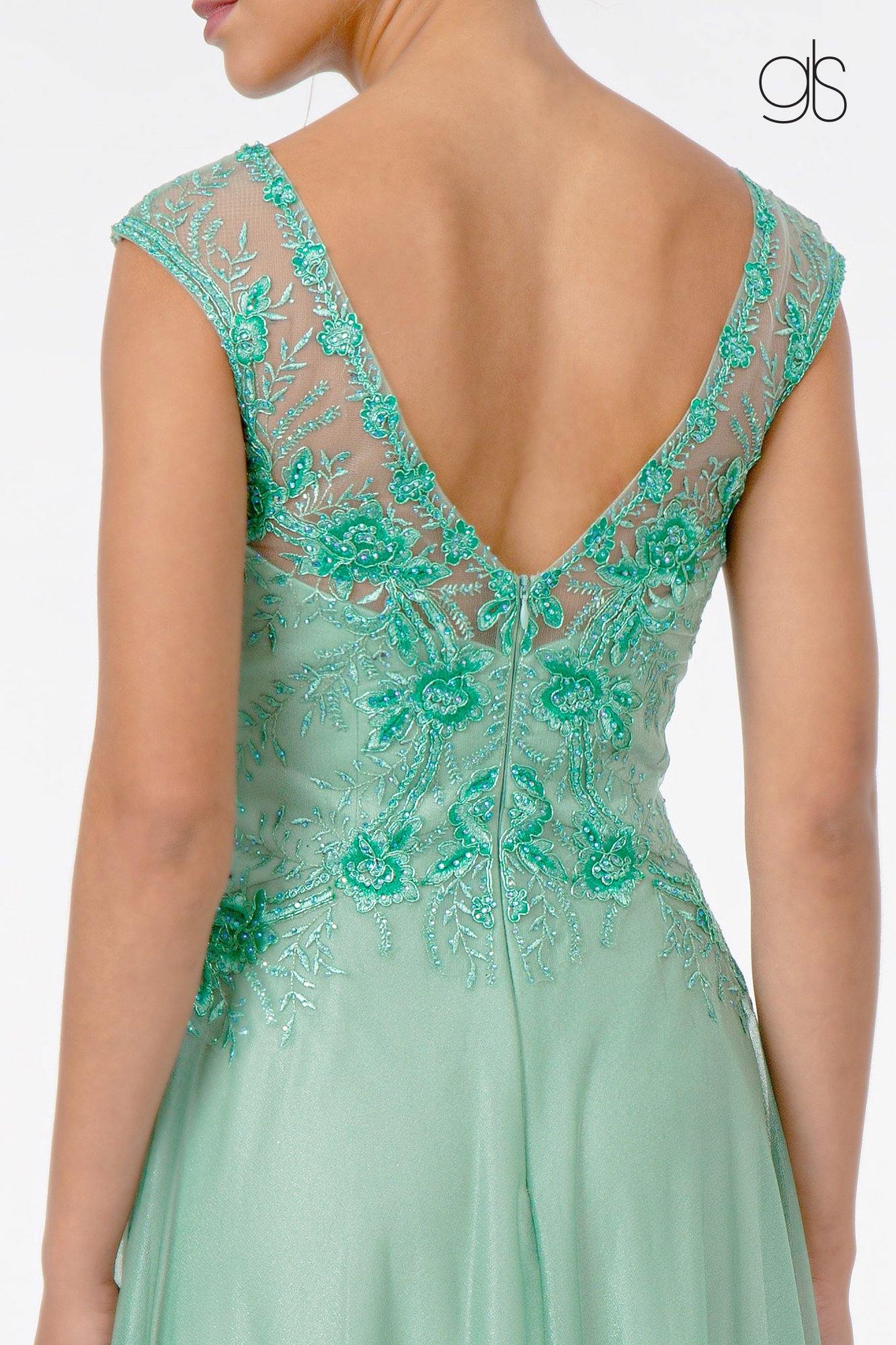 Embroidered Bodice V-Neck Long Formal Dress - The Dress Outlet Elizabeth K