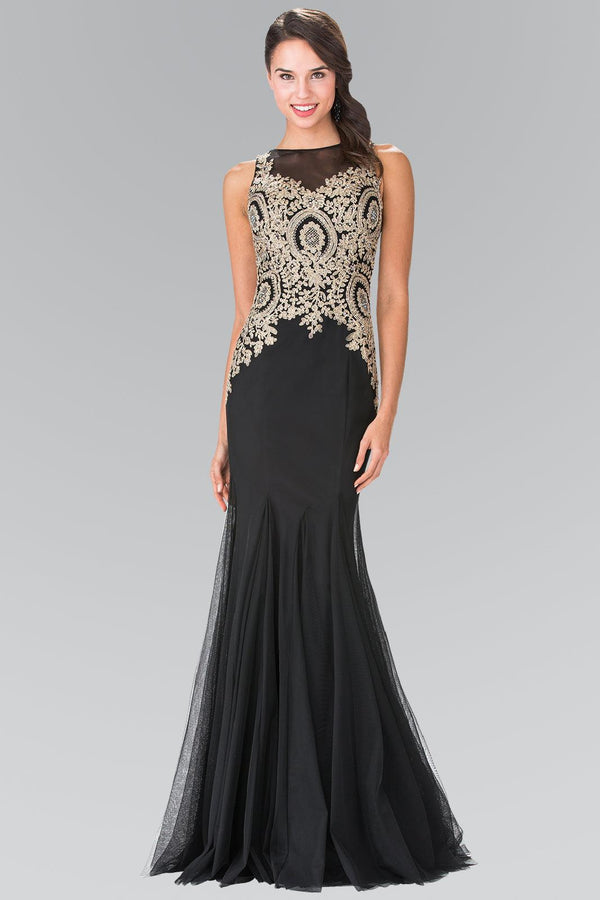 Embroidered Boidce Long Prom Dress with Sheer Back