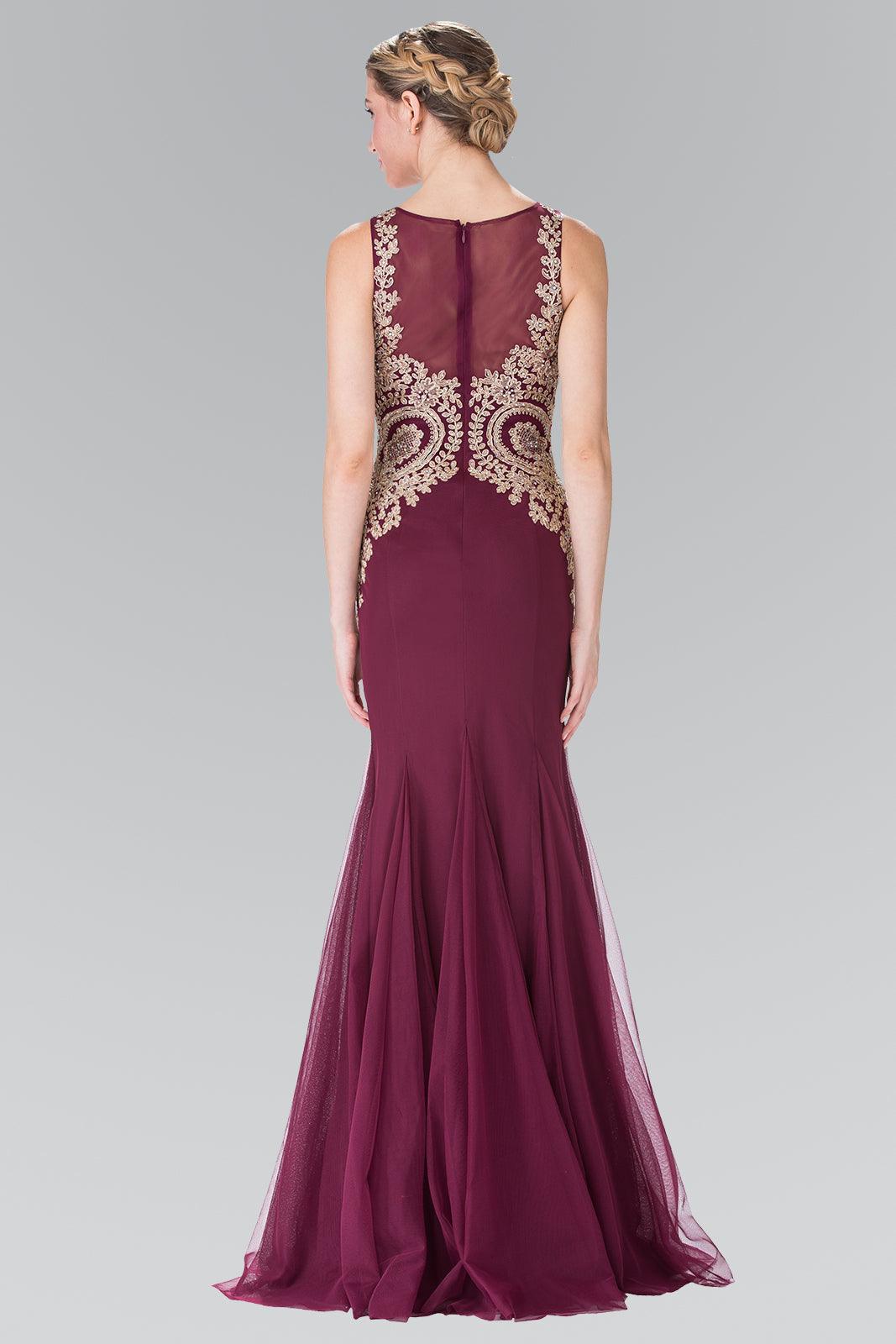 Embroidered Boidce Long Prom Dress with Sheer Back - The Dress Outlet Elizabeth K