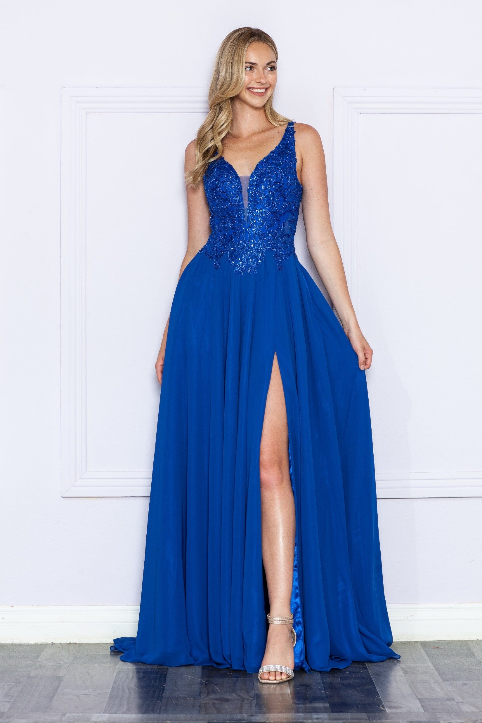 Royal V Neck Floor Length Sequin Chiffon Prom Dress with High Slit Formal Gown Poly USA 9366