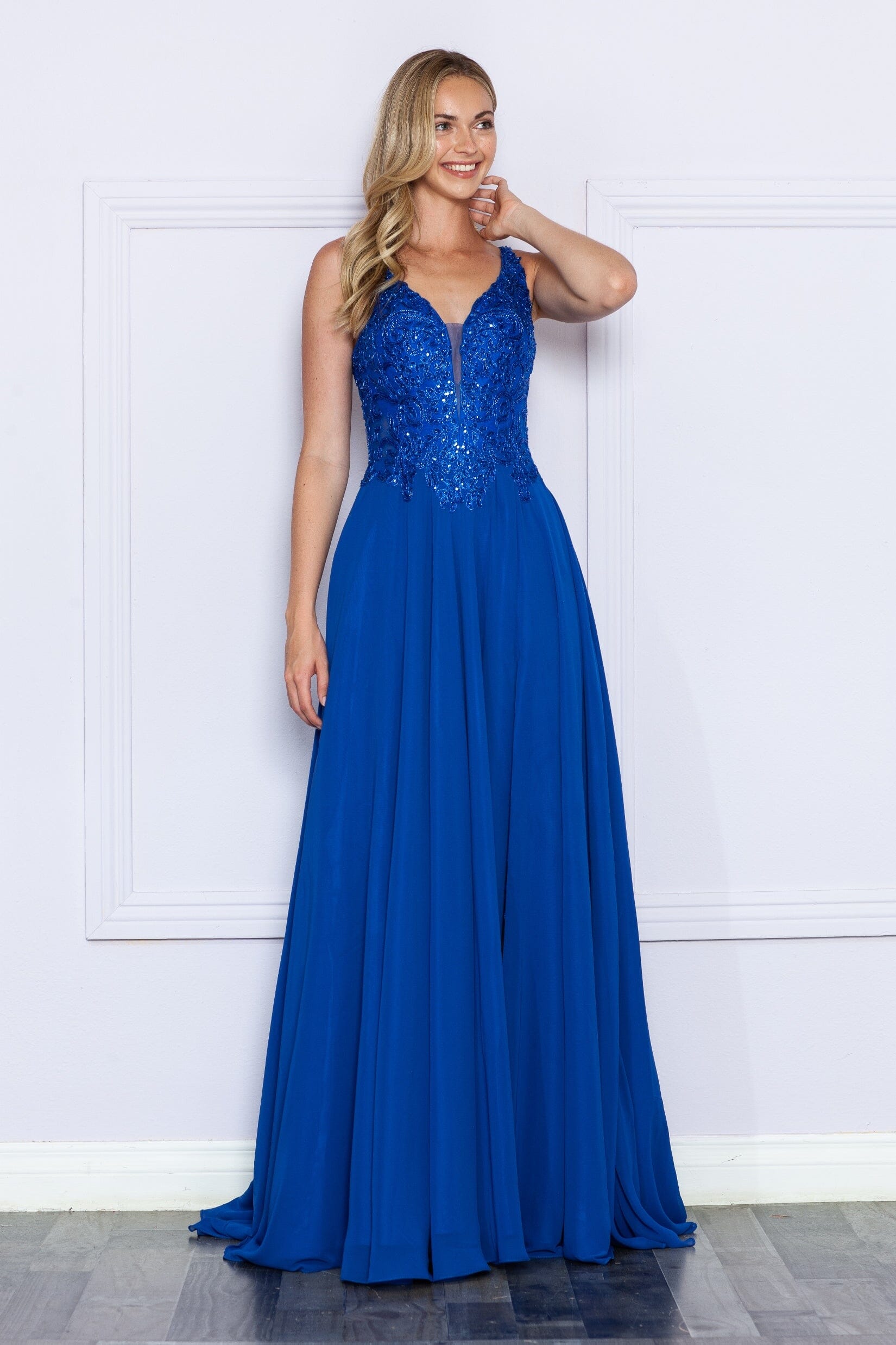 Royal V Neck Floor Length Sequin Chiffon Prom Dress with High Slit Formal Gown Poly USA 9366