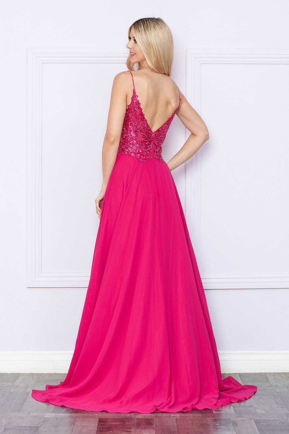 Magenta V Neck Floor Length Sequin Chiffon Prom Dress with High Slit Formal Gown Poly USA 9366