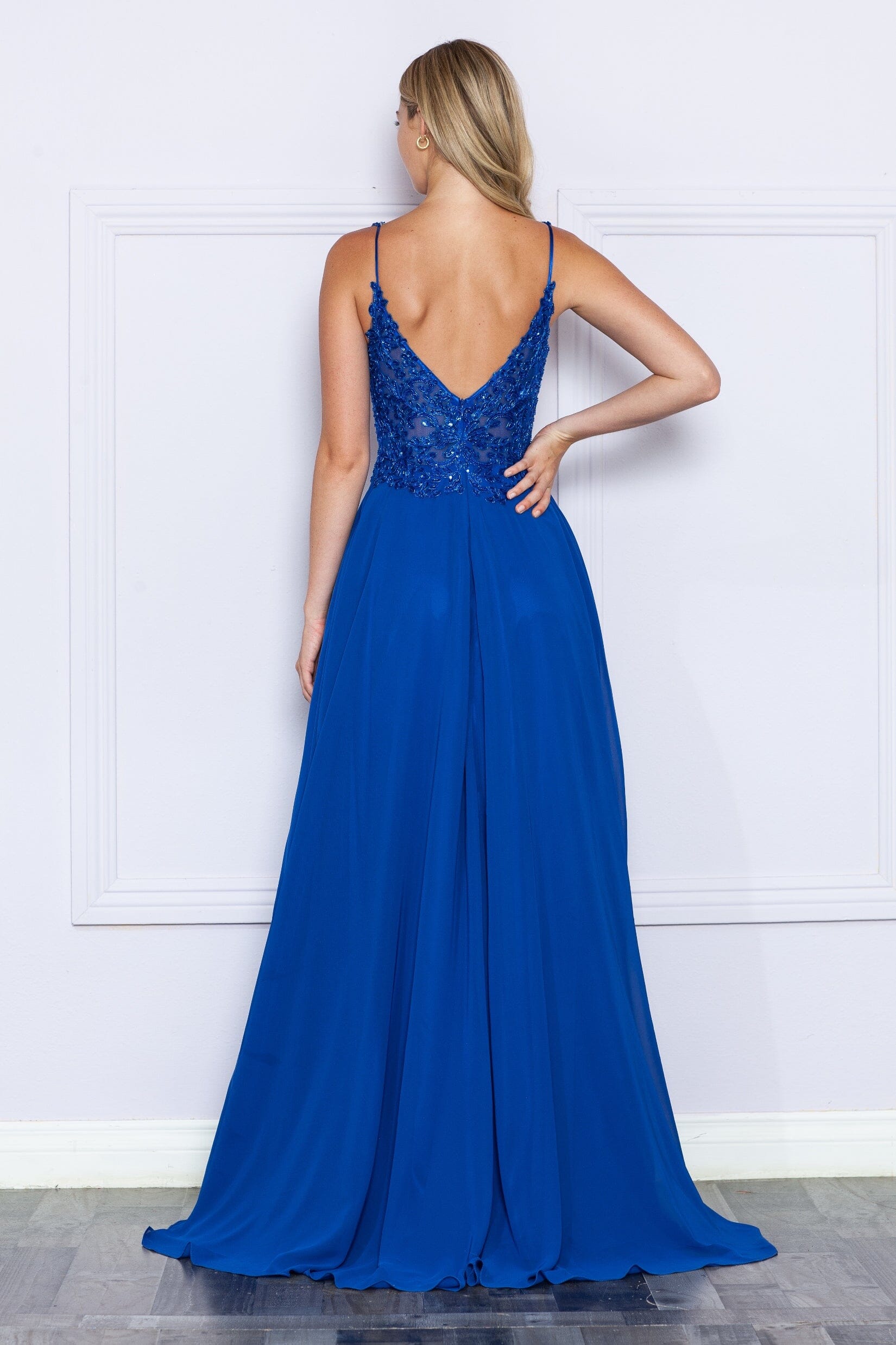 Royal V Neck Floor Length Sequin Chiffon Prom Dress with High Slit Formal Gown Poly USA 9366