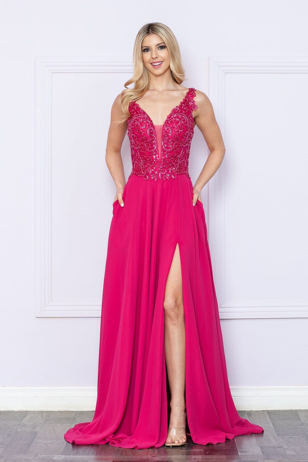 Magenta V Neck Floor Length Sequin Chiffon Prom Dress with High Slit Formal Gown Poly USA 9366
