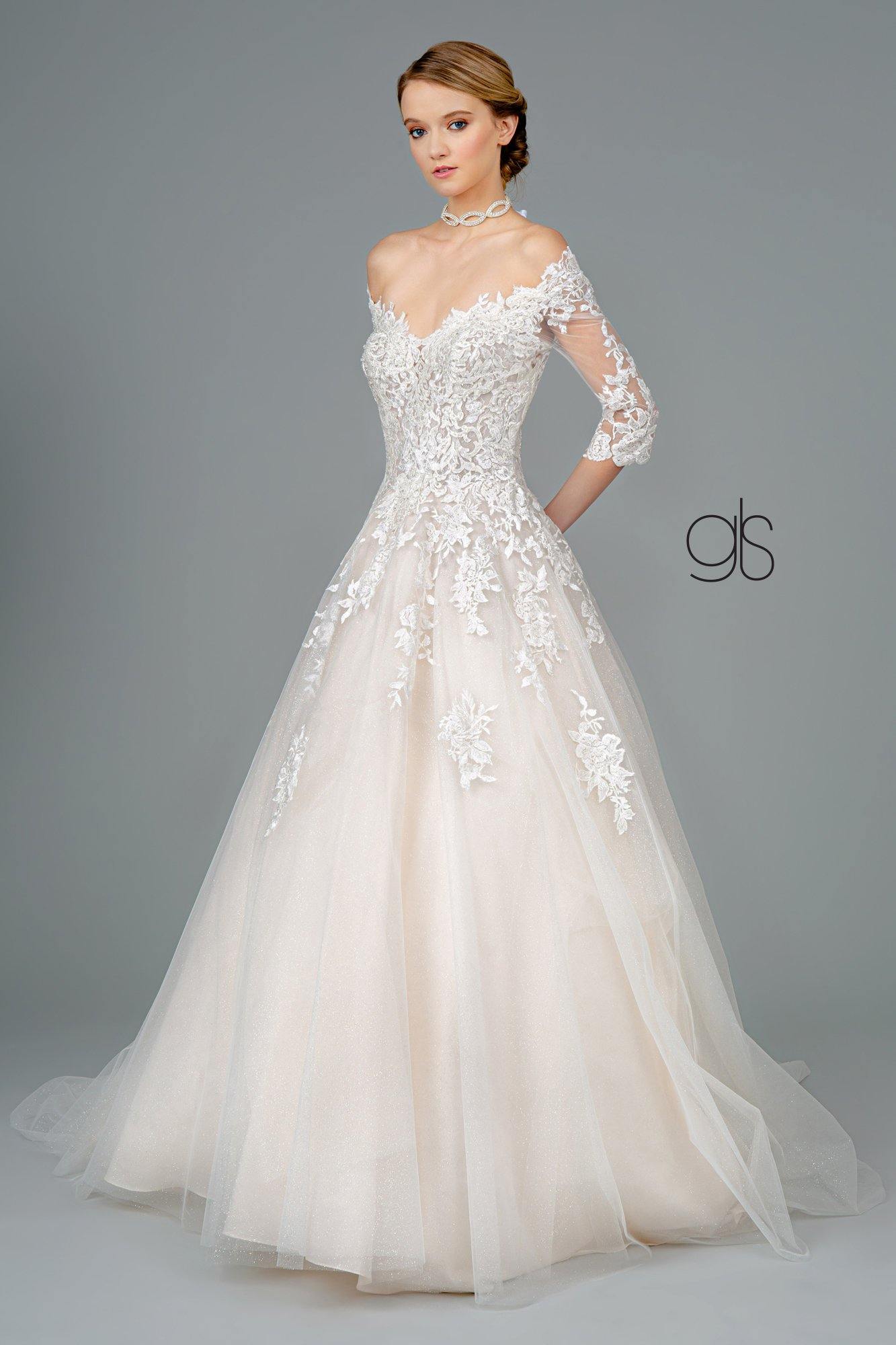 Embroidered Glitter Mesh V-Neck Wedding Long Gown - The Dress Outlet Elizabeth K