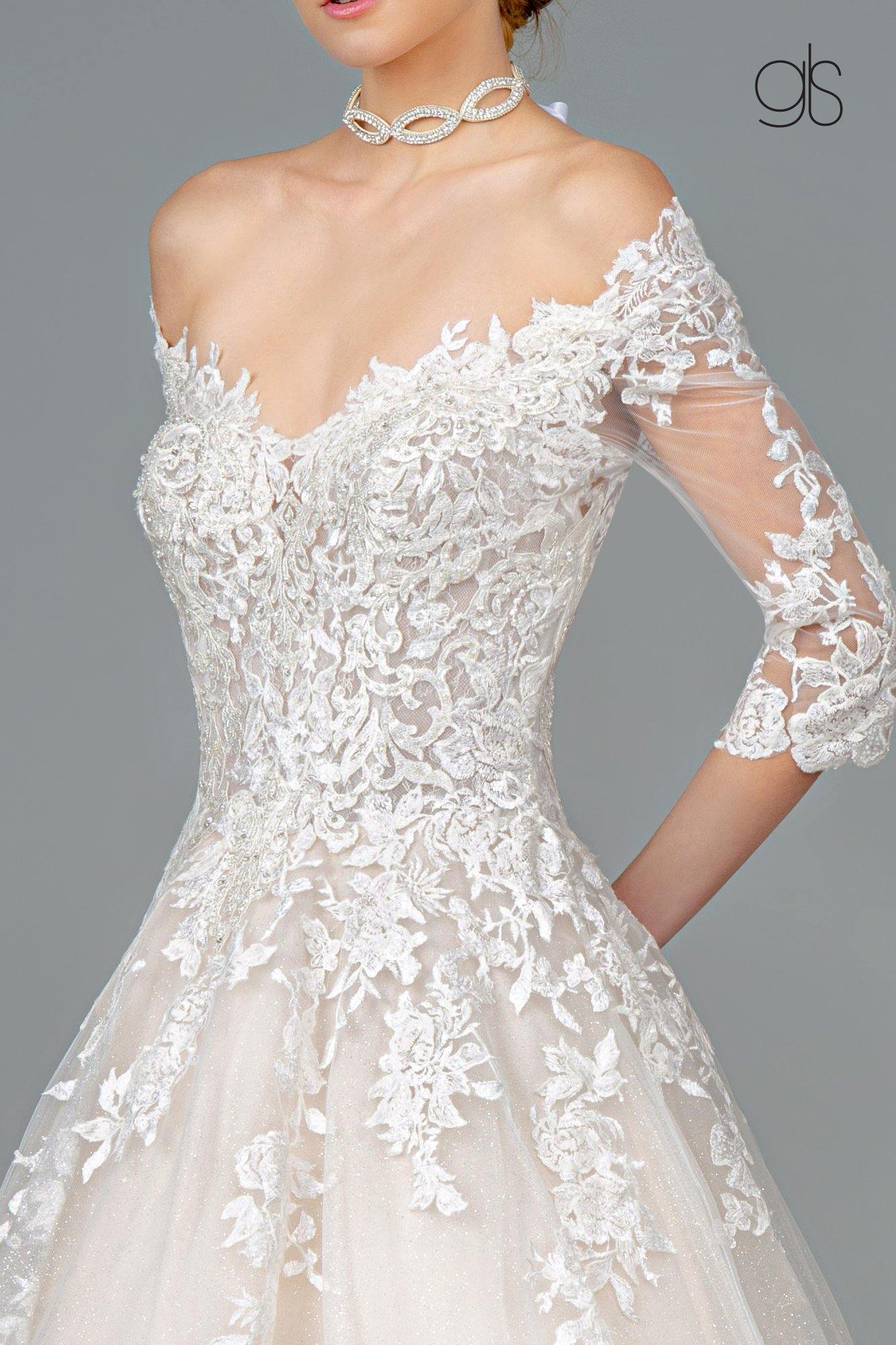 Embroidered Glitter Mesh V-Neck Wedding Long Gown - The Dress Outlet Elizabeth K