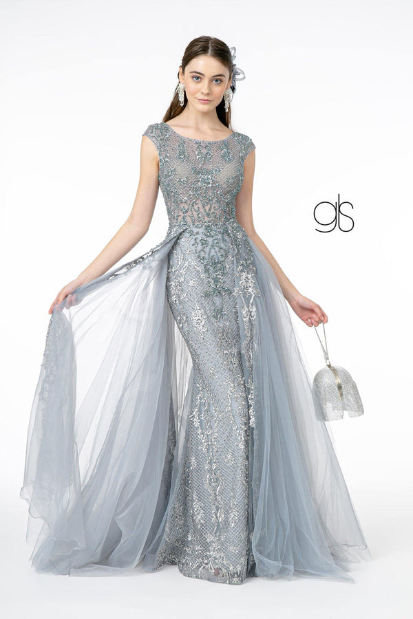 Embroidered Mesh A-Line Long Prom Dress