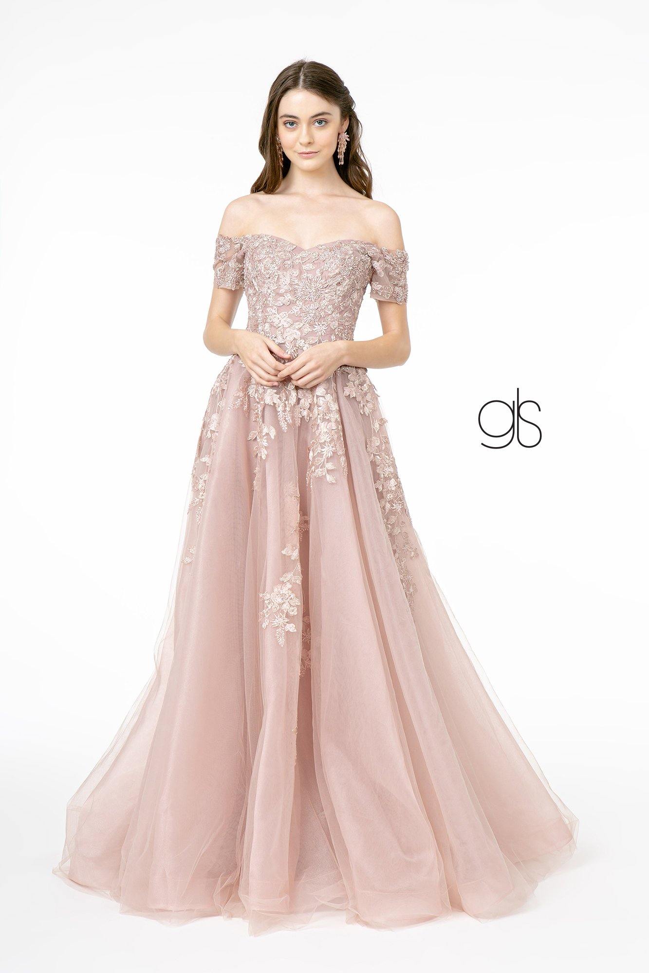 Embroidered Mesh A-Line Long Prom Dress - Champagne / XS Embroidered Mesh A-Line Long Prom Dress - Champagne / XS