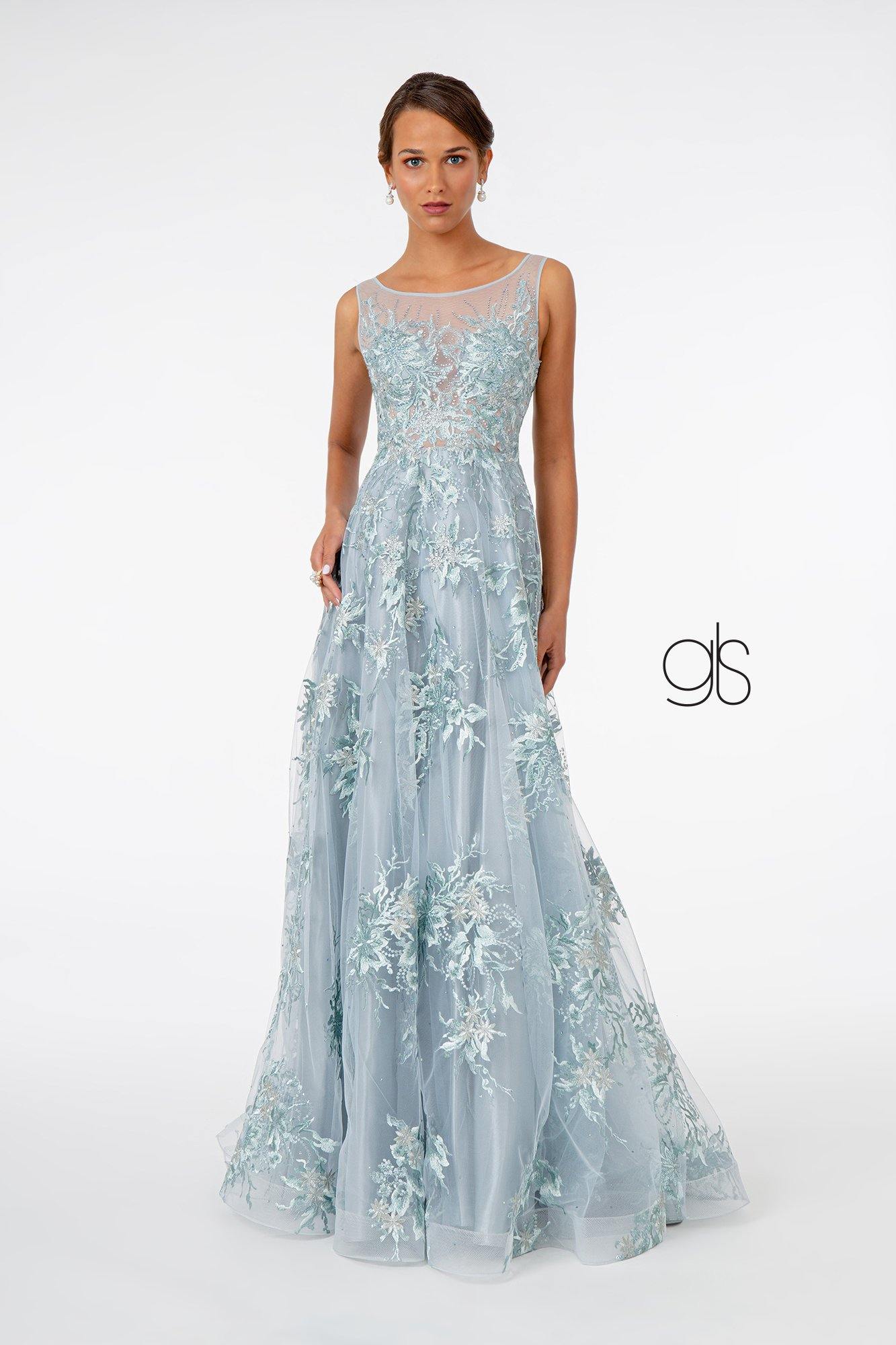 Embroidered Mesh A-Line Long Prom Dress - Grey Blue / 2XL Embroidered Mesh A-Line Long Prom Dress - Grey Blue / 2XL