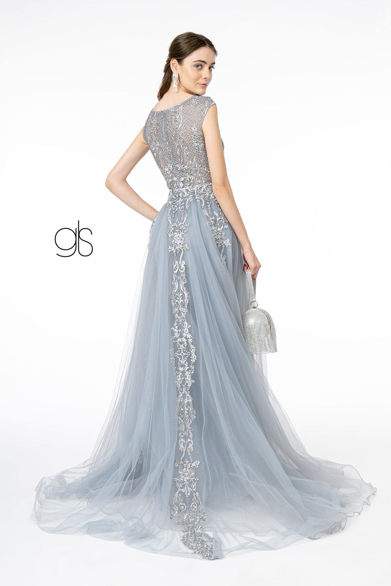 Embroidered Mesh A-Line Long Prom Dress