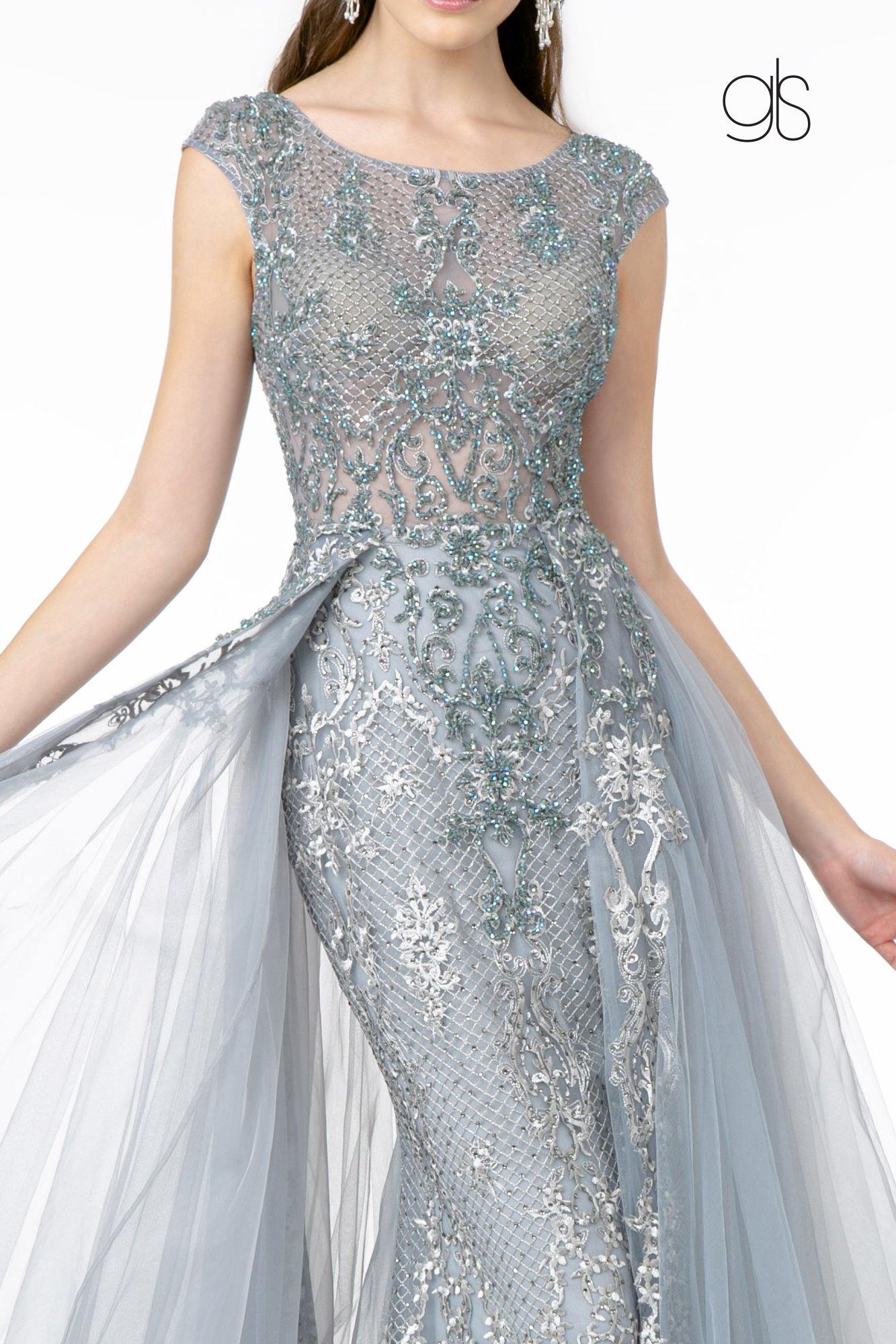 Embroidered Mesh A-Line Long Prom Dress