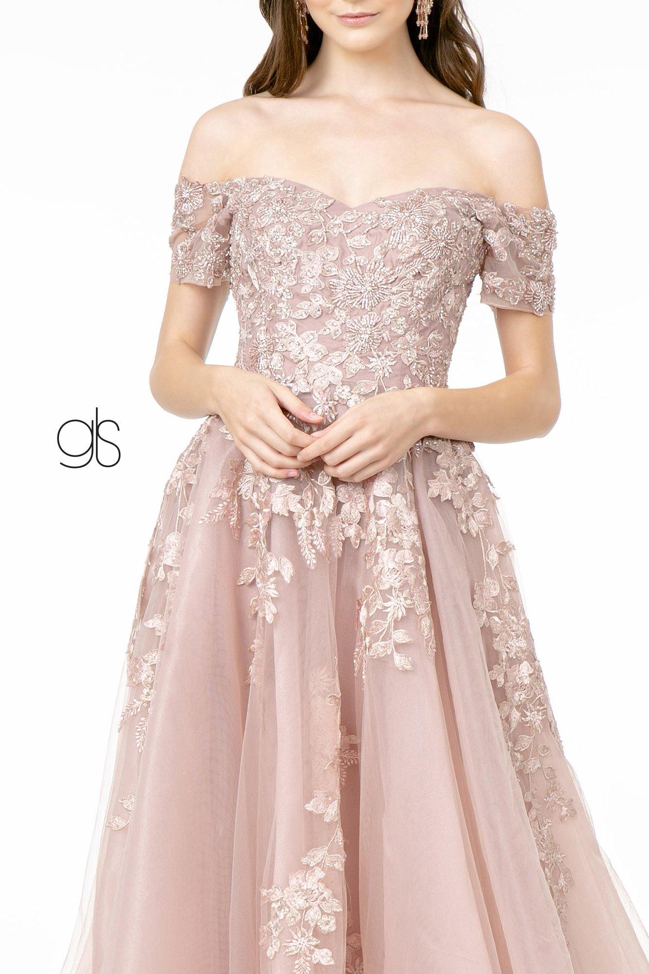 Embroidered Mesh A-Line Long Prom Dress