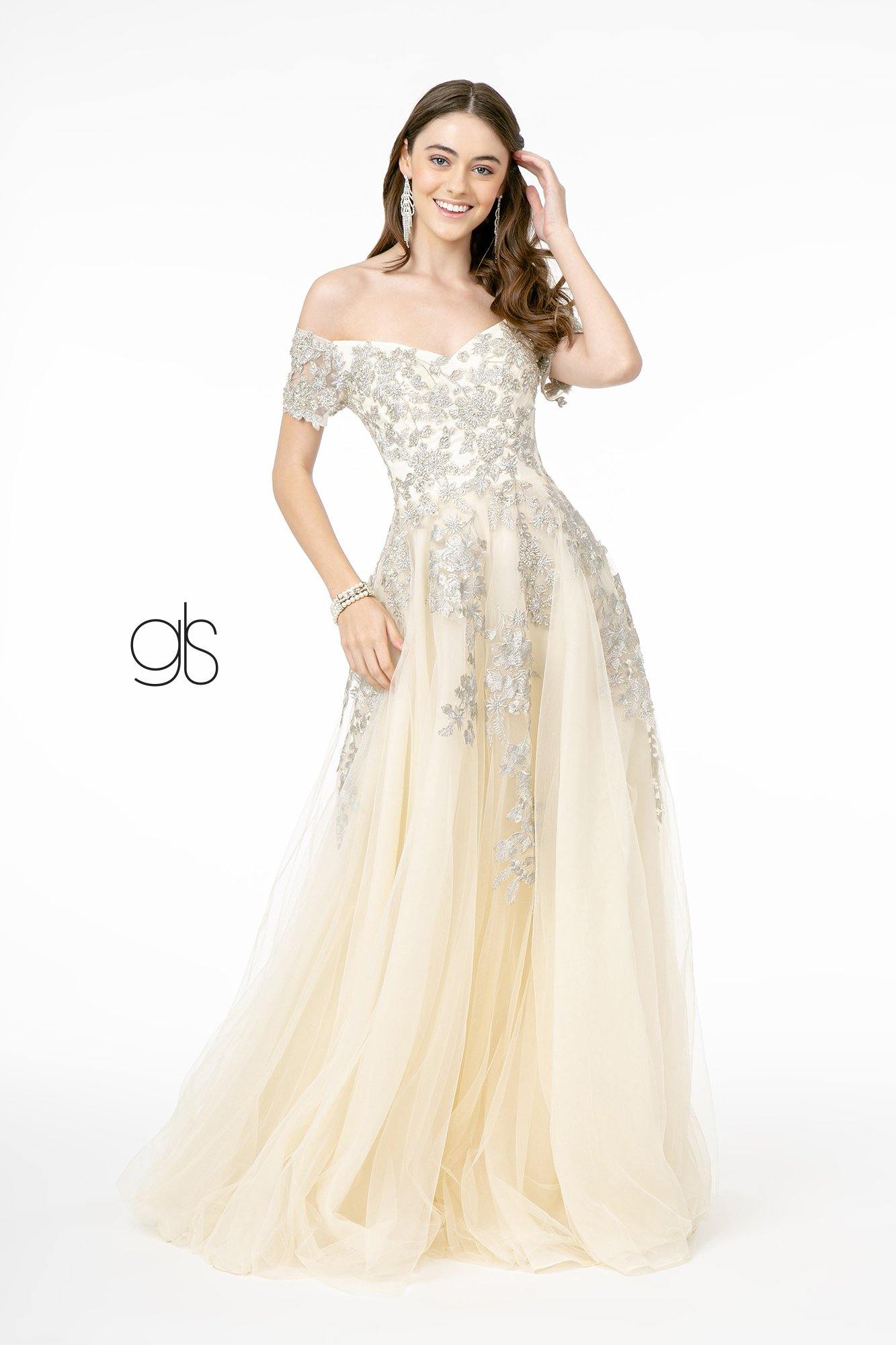 Embroidered Mesh A-Line Long Prom Dress