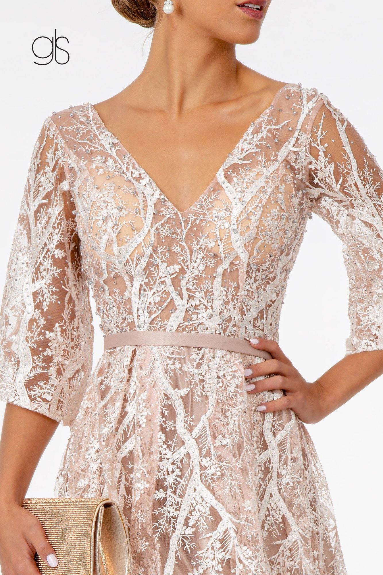 Embroidered Mesh A-Line Prom Dress