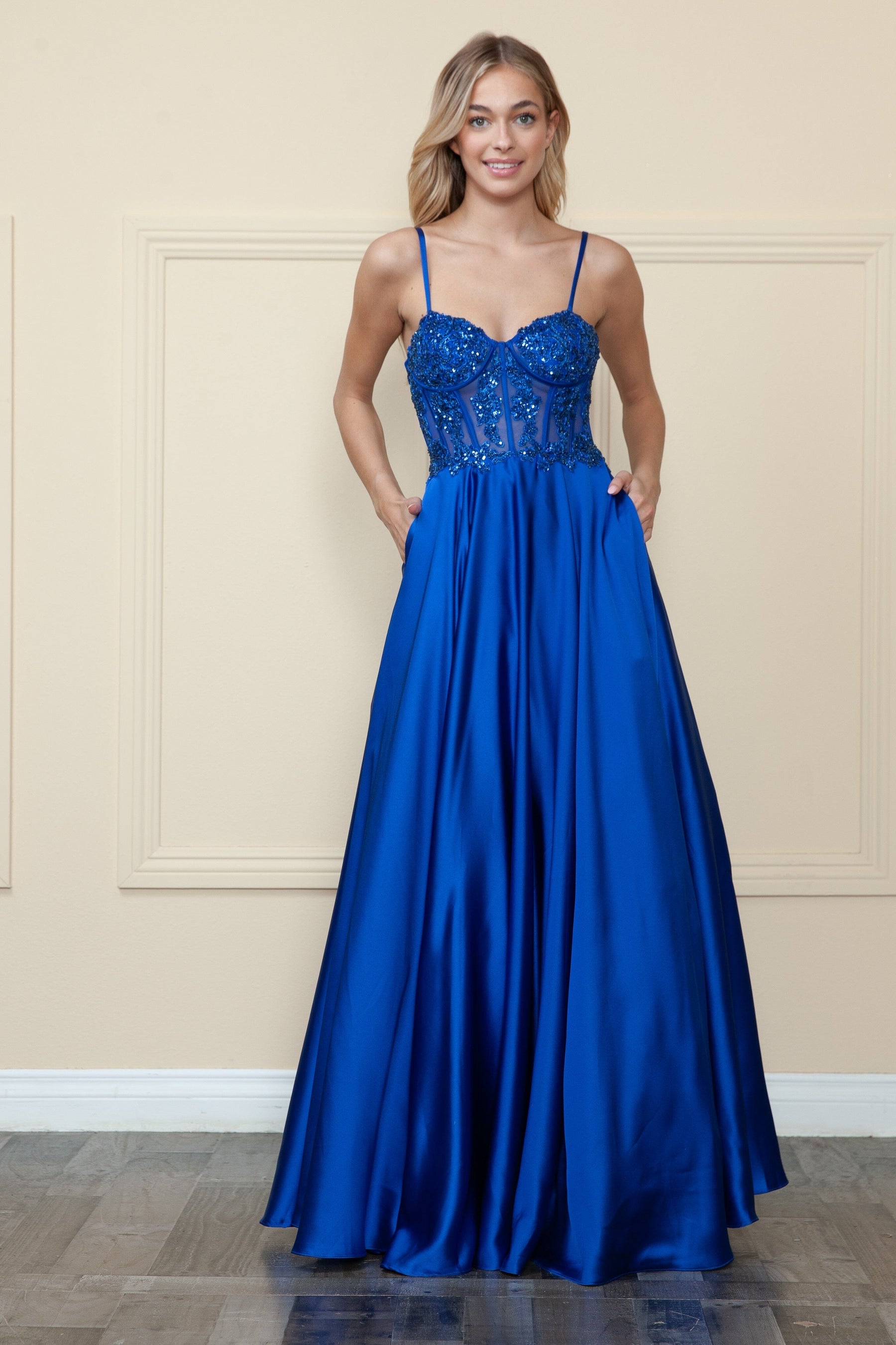 Royal Sweetheart Floor-Length Satin Prom Gown with Corset Boning Formal Gown Poly USA 9126