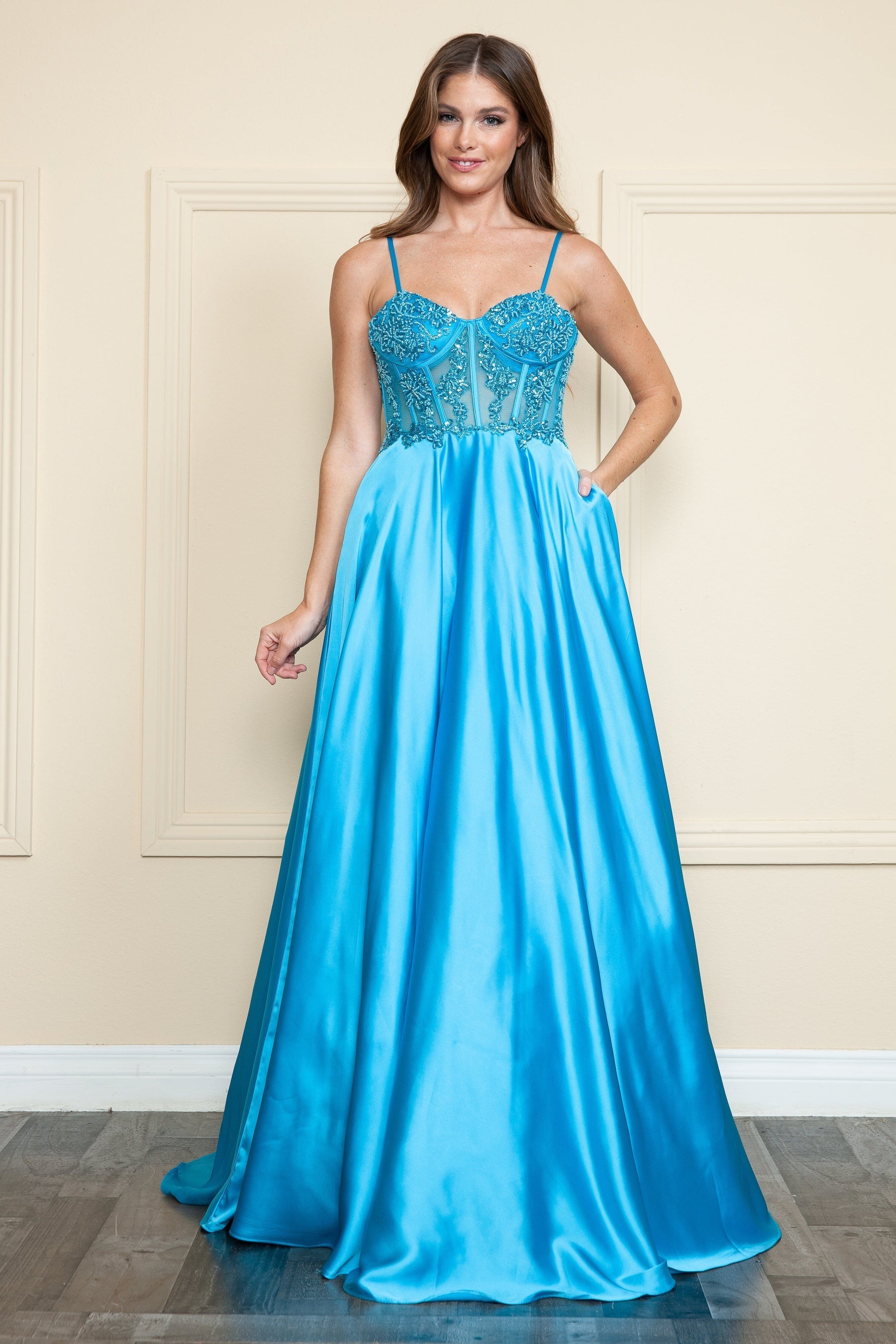 Turquoise Sweetheart Floor-Length Satin Prom Gown with Corset Boning Formal Gown Poly USA 9126