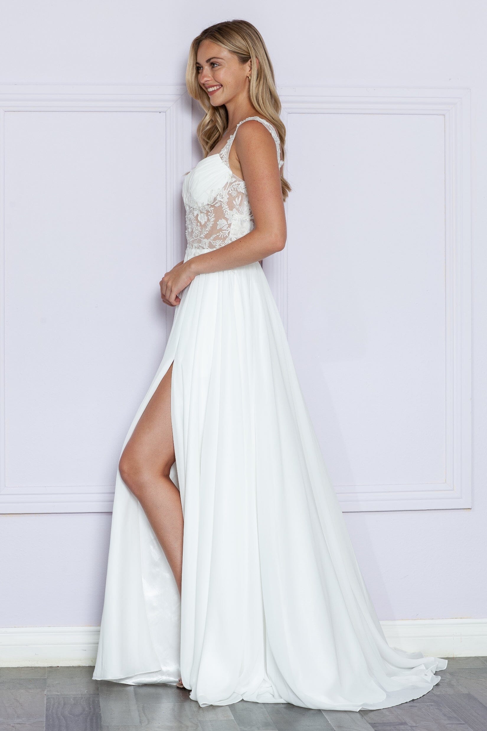 Off White Sweetheart Floor Length Chiffon Wedding Dress with Side Slit Poly USA 9376