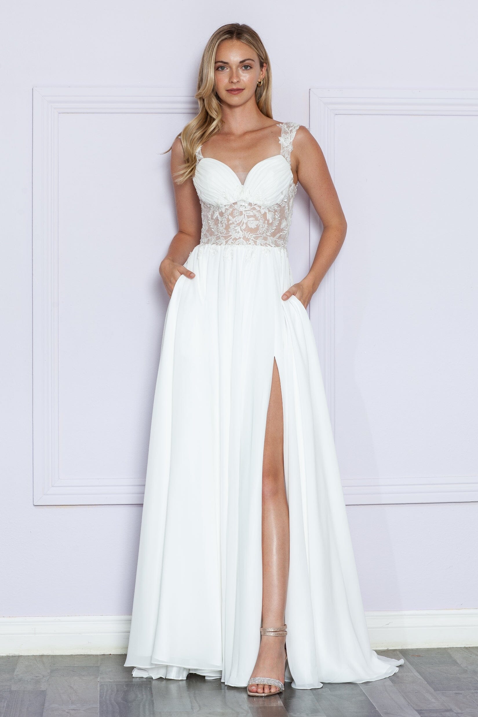 Off White Sweetheart Floor Length Chiffon Wedding Dress with Side Slit Poly USA 9376