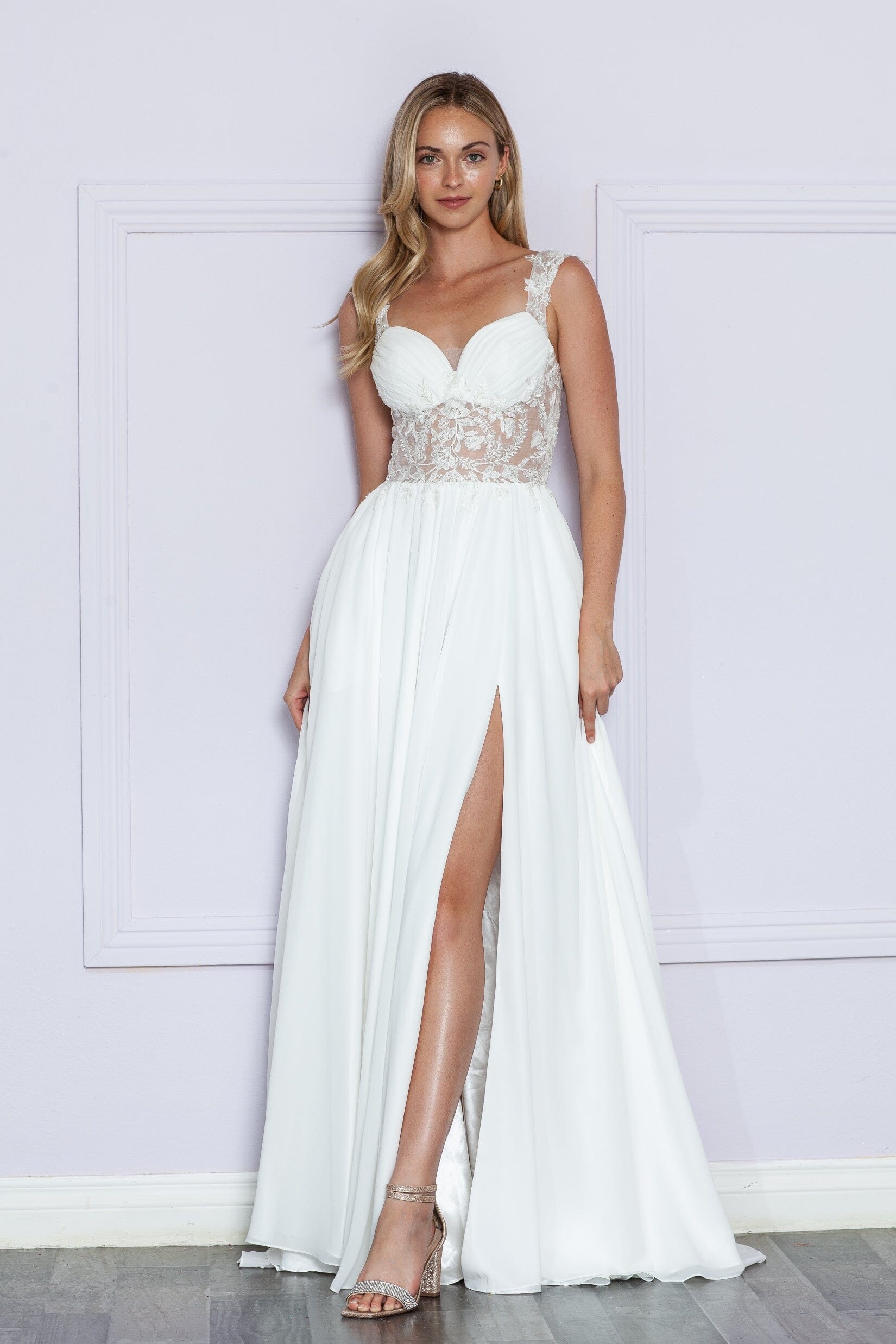 Off White Sweetheart Floor Length Chiffon Wedding Dress with Side Slit Poly USA 9376