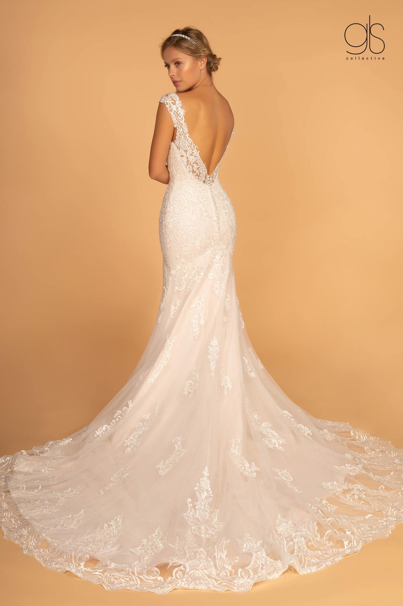 Embroidery Embellished Mesh Long Wedding Gown - The Dress Outlet Elizabeth K