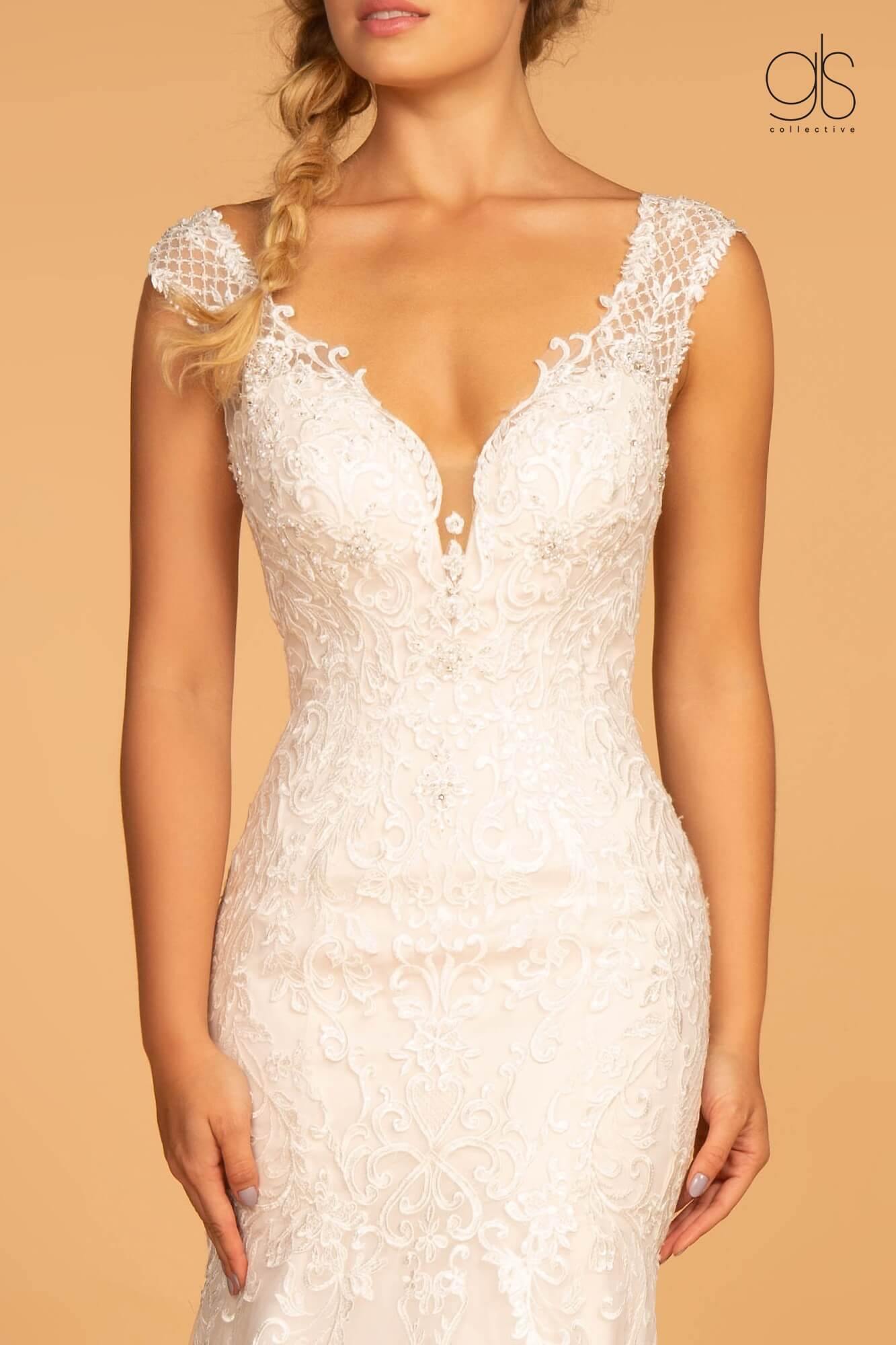 Embroidery Embellished Mesh Long Wedding Gown - The Dress Outlet Elizabeth K