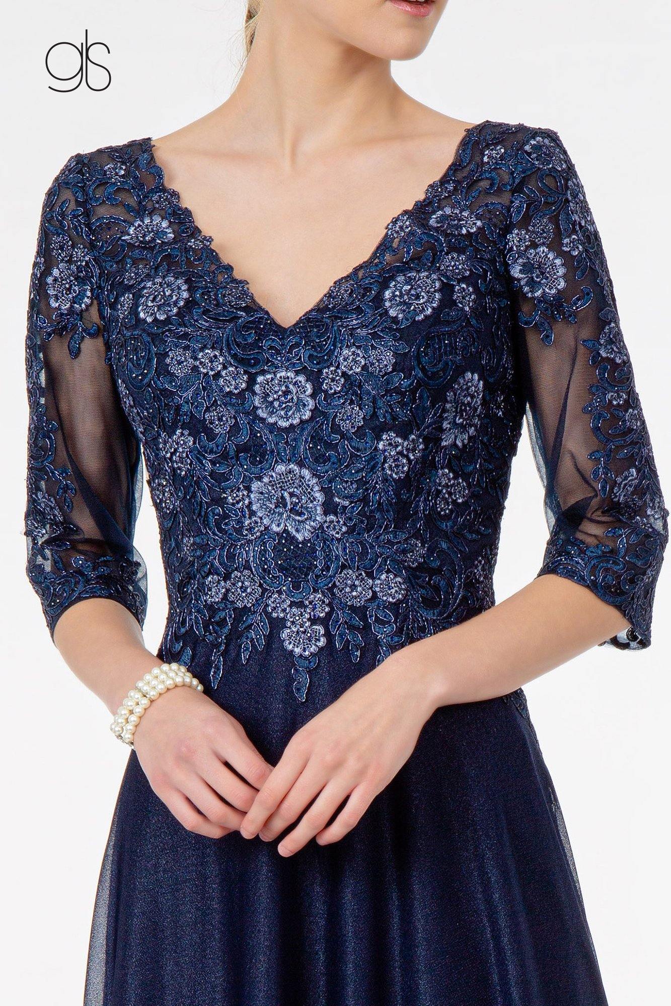 Embroidery Embellished V-Neck Long Formal Dress | The Dress Outlet Embroidery Embellished V-Neck Long Formal Dress | The Dress Outlet