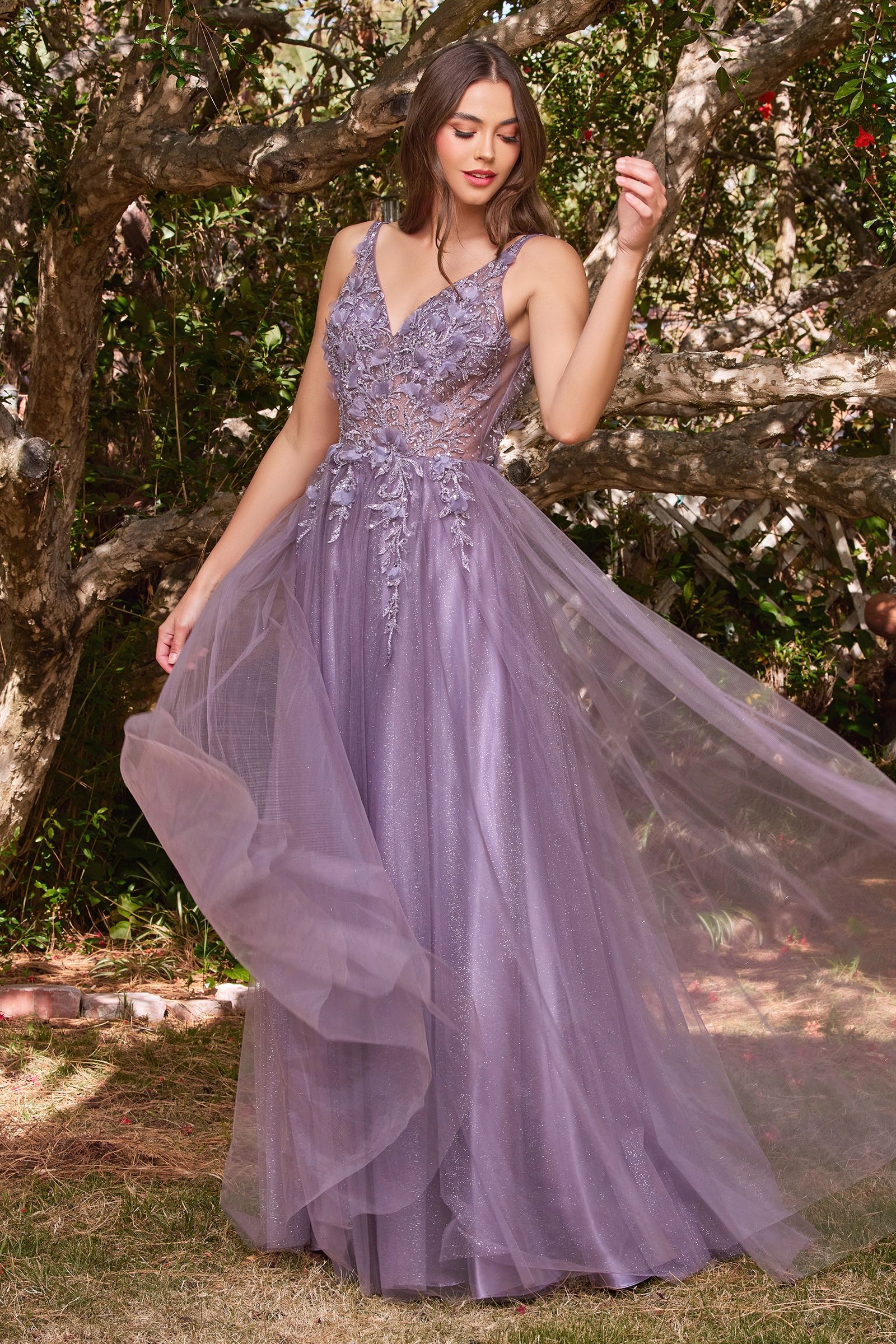 Floral Sleeveless Tulle Long A-Line Prom Dress by LaDivine CD0181