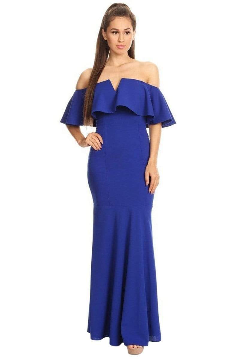 Royal Blue Off-the-Shoulder Floor-Length Crepe Formal Ruffled Trumpet Gown Eureka Fashion 2102