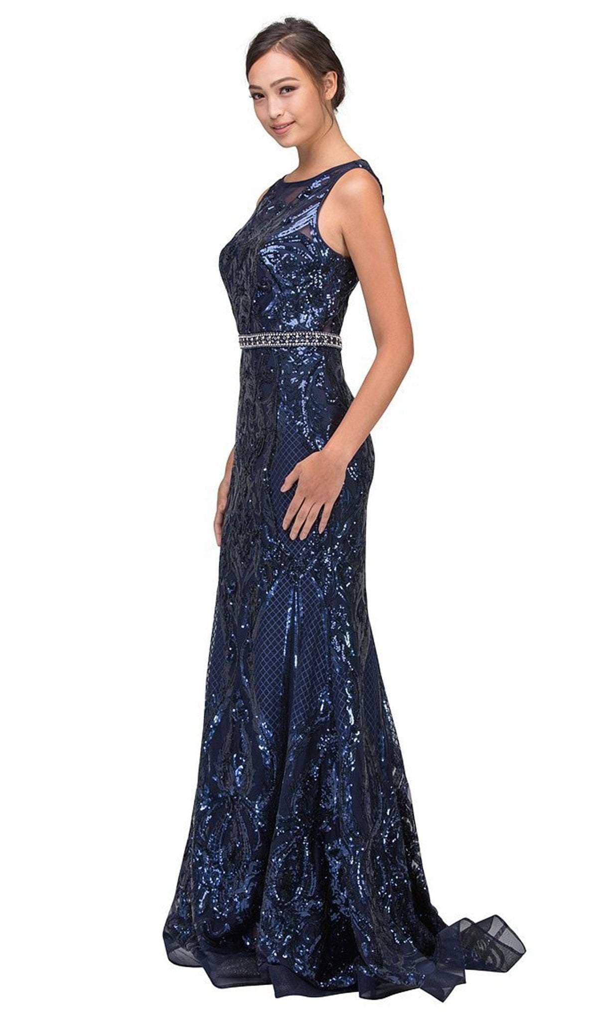 Navy Bateau Floor-Length Sequin Mesh Formal Mermaid Dress with Sweep Train Eureka Fashion 7335