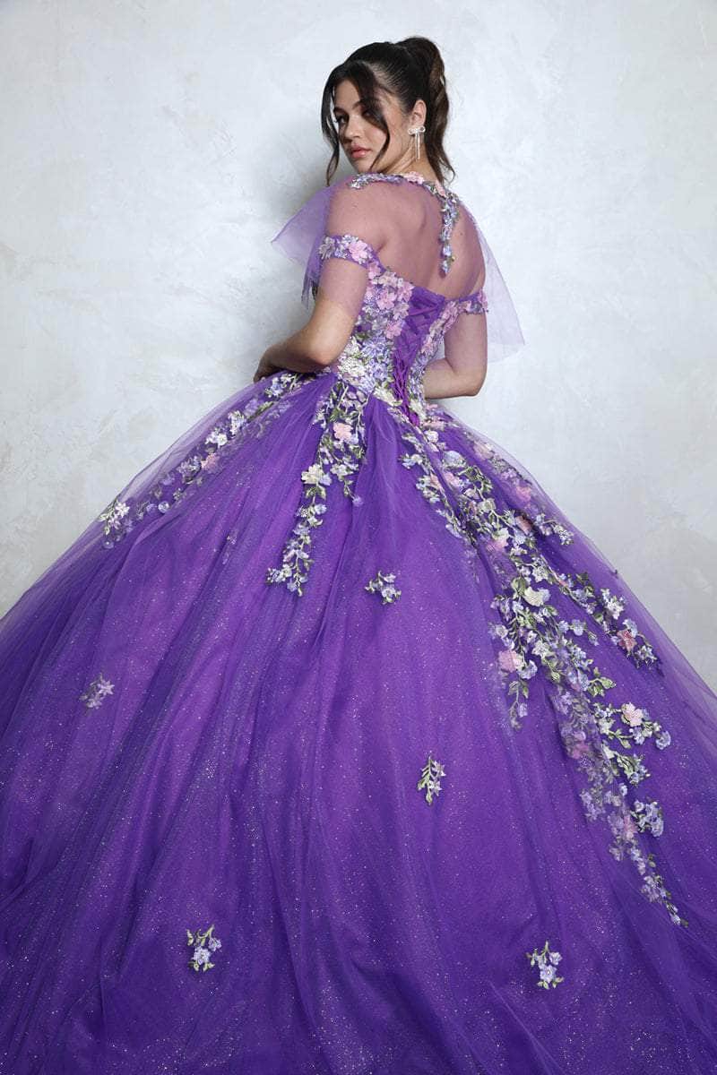 Purple Off-Shoulder Floor-Length Glitter Tulle Quinceanera Ball Gown with Floral Appliqués Eureka Fashion EK1003