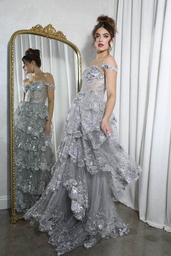 Prom Dresses Ruffle Long Formal Slit Beaded Sequin A Line Corset Prom Dress Eureka Fashion EK102 Platinum