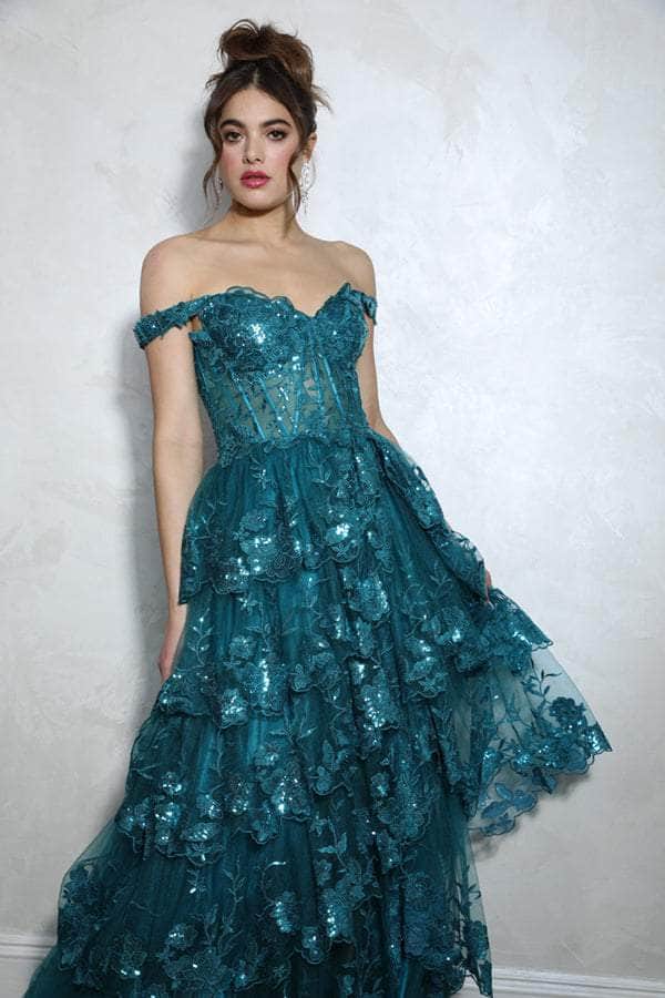 Prom Dresses Ruffle Long Formal Slit Beaded Sequin A Line Corset Prom Dress Eureka Fashion EK102 Teal