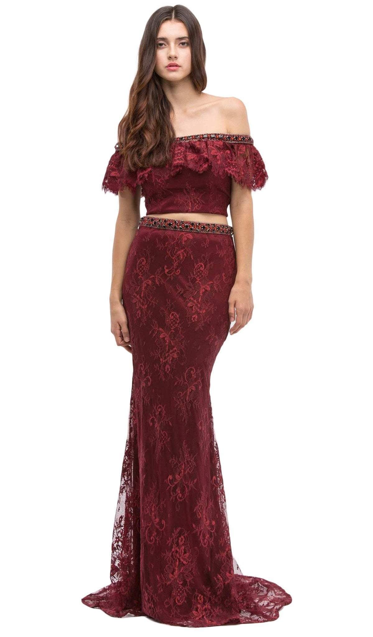 Formal Dresses Long Lace Prom Two Piece Formal Dress Eureka Fashion 6113 Burgundy/Black Bead