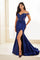 Prom Dresses Beaded Long Pleated High Slit Formal Prom Dress Navy Blue