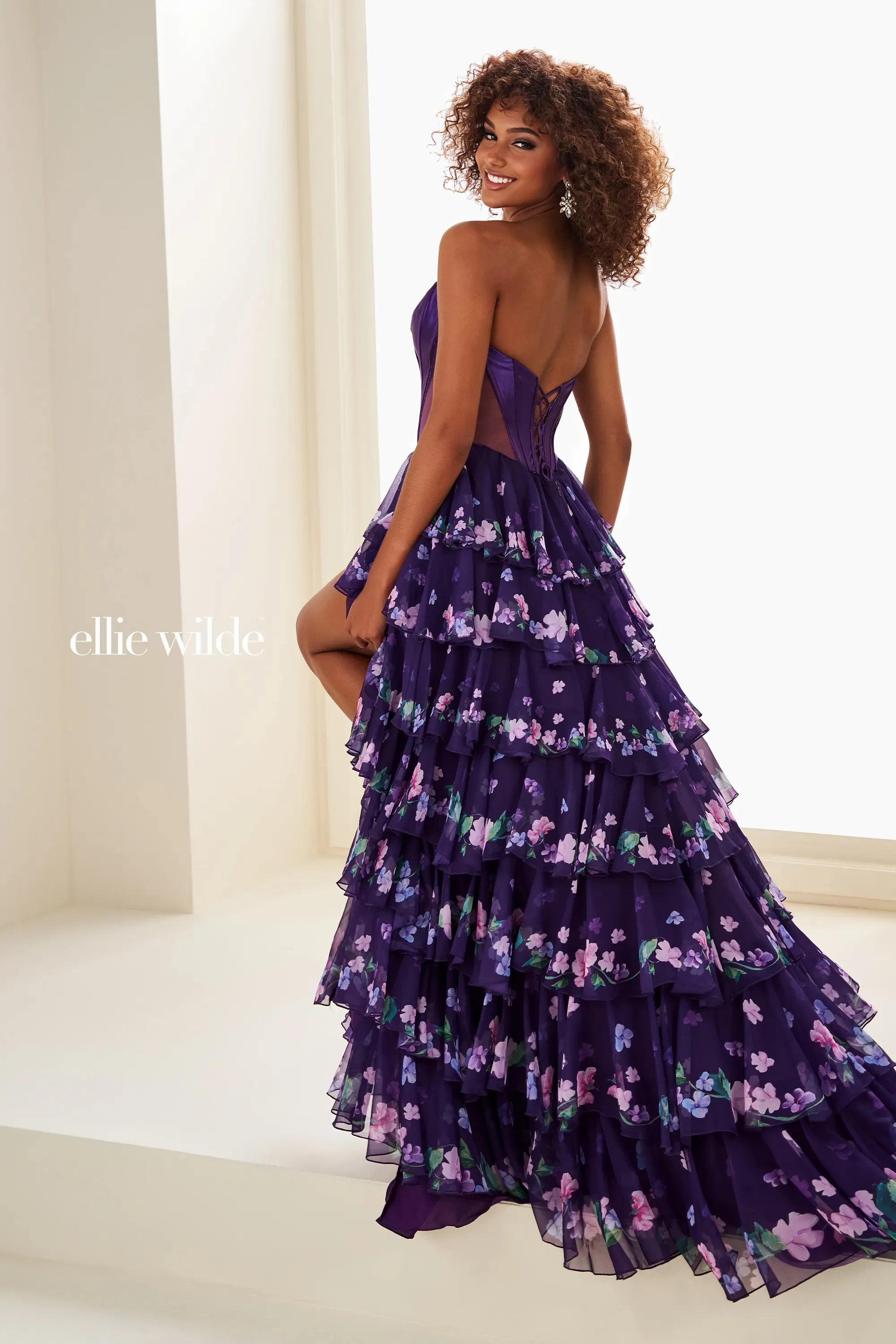 Ellie Wilde 37001 Corset Beaded A Line Sequin Long Formal Ruffle Prom Dress