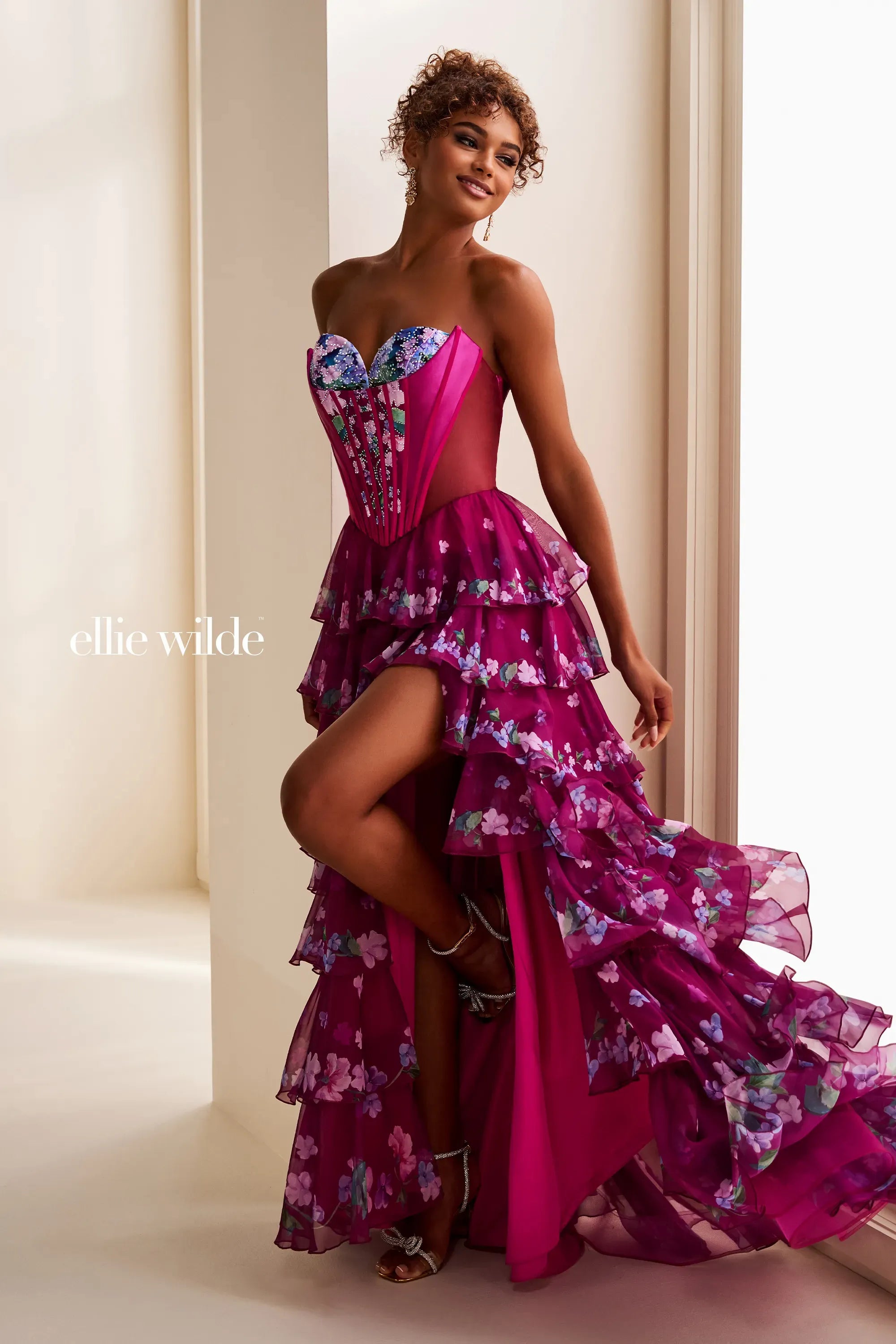 Prom Dresses Corset Beaded A Line Sequin Long Formal Ruffle Prom Dress Magenta/Multi