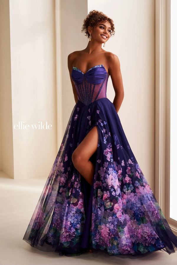 Ellie Wilde 37003 Long Floral Print A Line Prom Dress