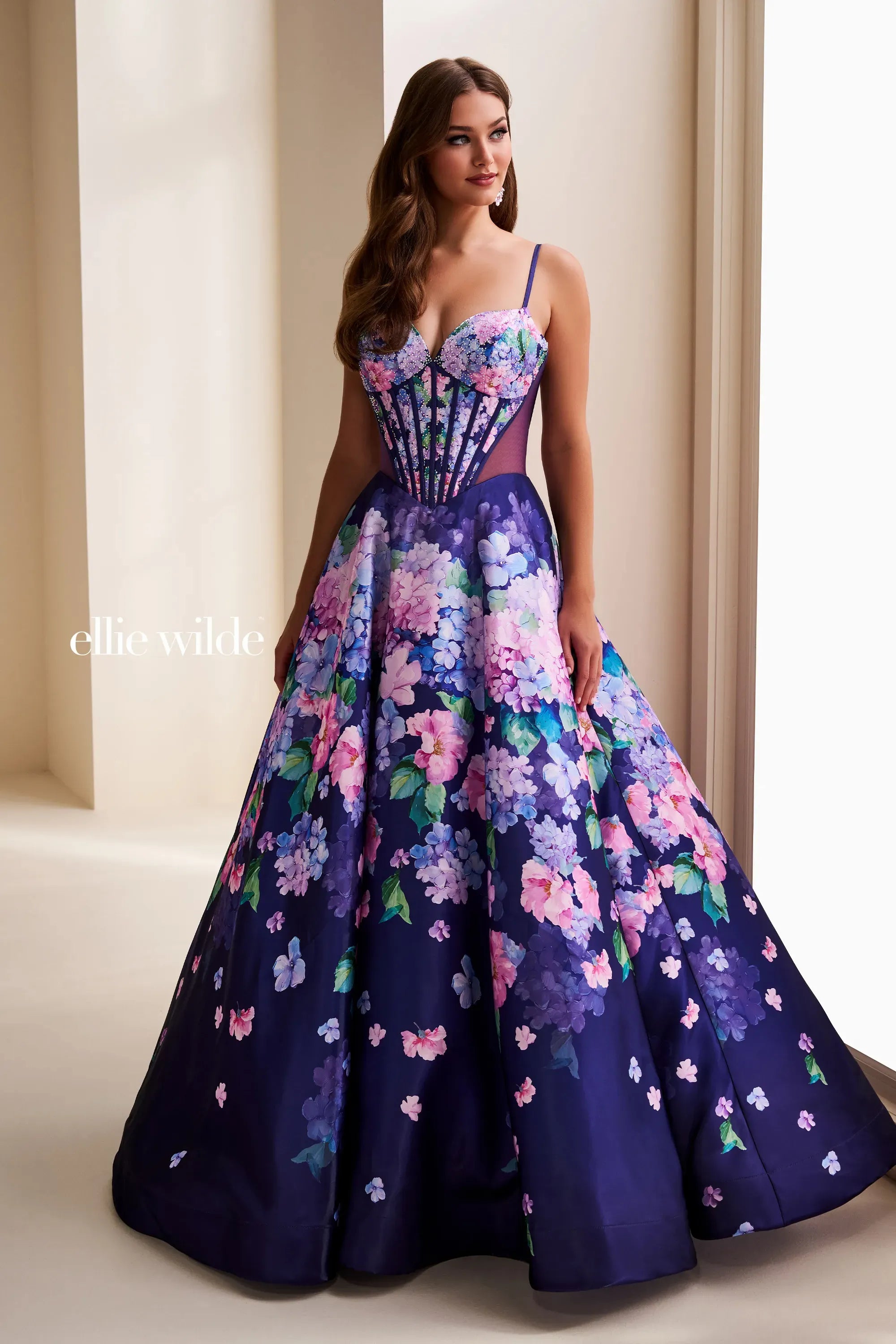 Ellie Wilde 37004 Corset Ball Gown Floral Print Long Formal Prom Dress