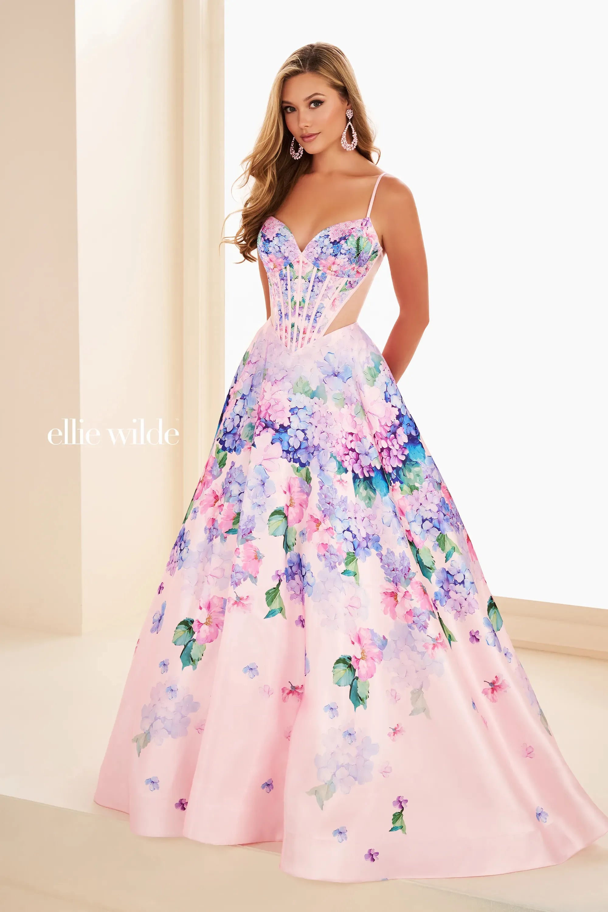 Prom Dresses Corset Ball Gown Floral Print Long Formal Prom Dress Light Pink/Multi