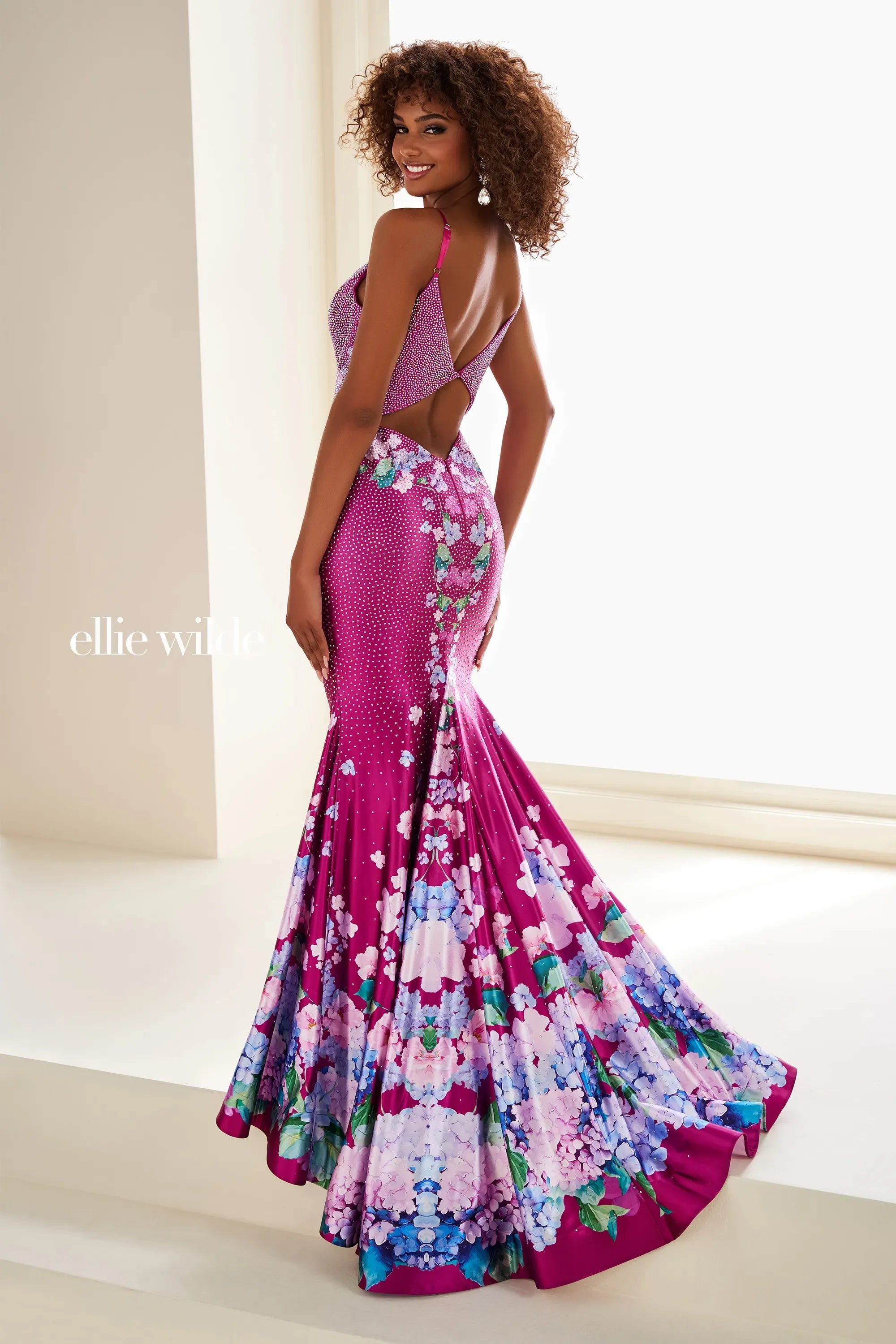 Ellie Wilde 37005 Glitter Floral Print Sequin Mermaid Prom Dress