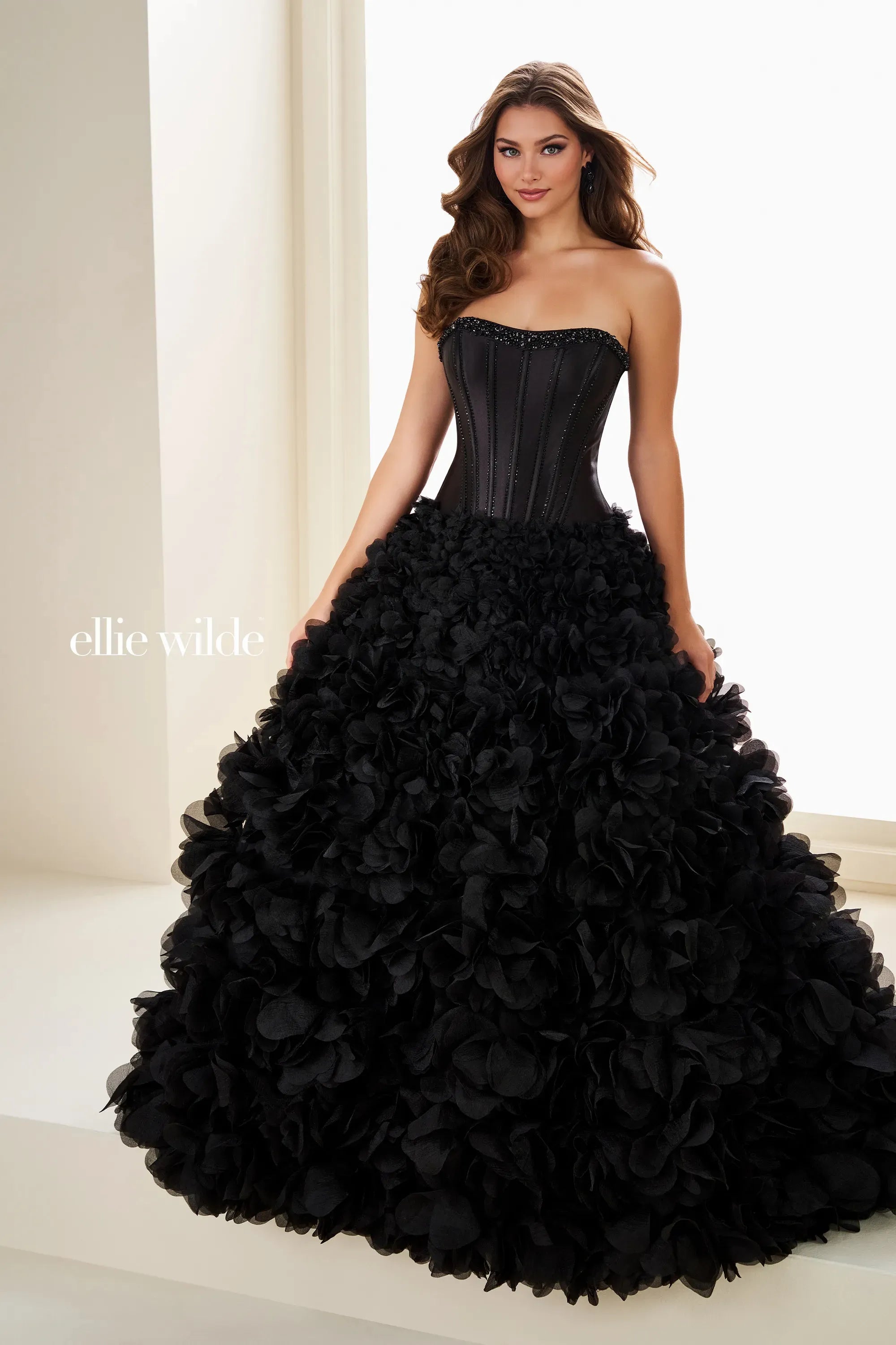 Ellie Wilde 37006 Corset Ruffle Ball Gown Long Formal Prom Dress