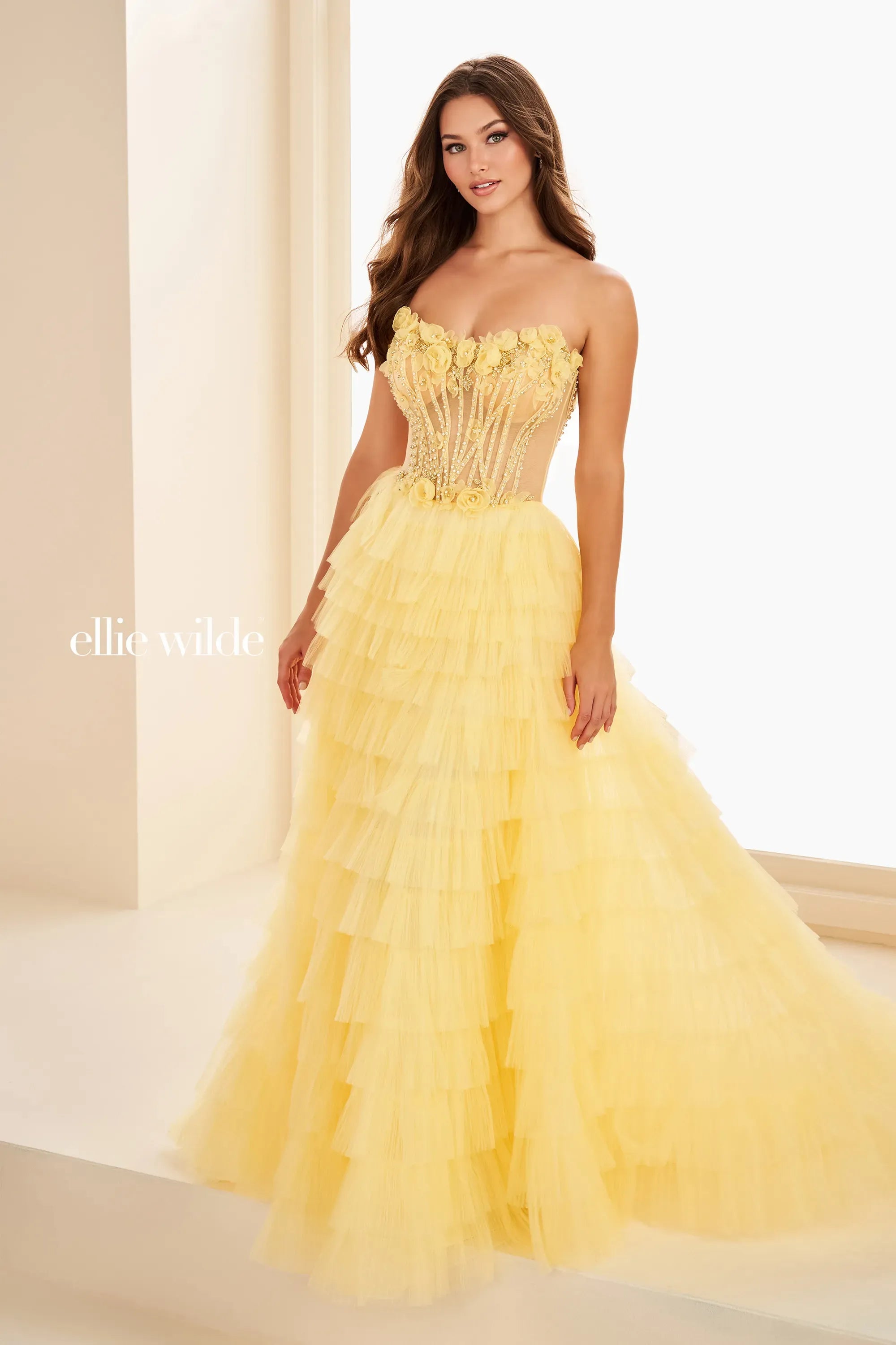 yellow ruffle prom dress Ellie Wilde 37026 Corset Beaded Long Formal Ruffle Prom Dress