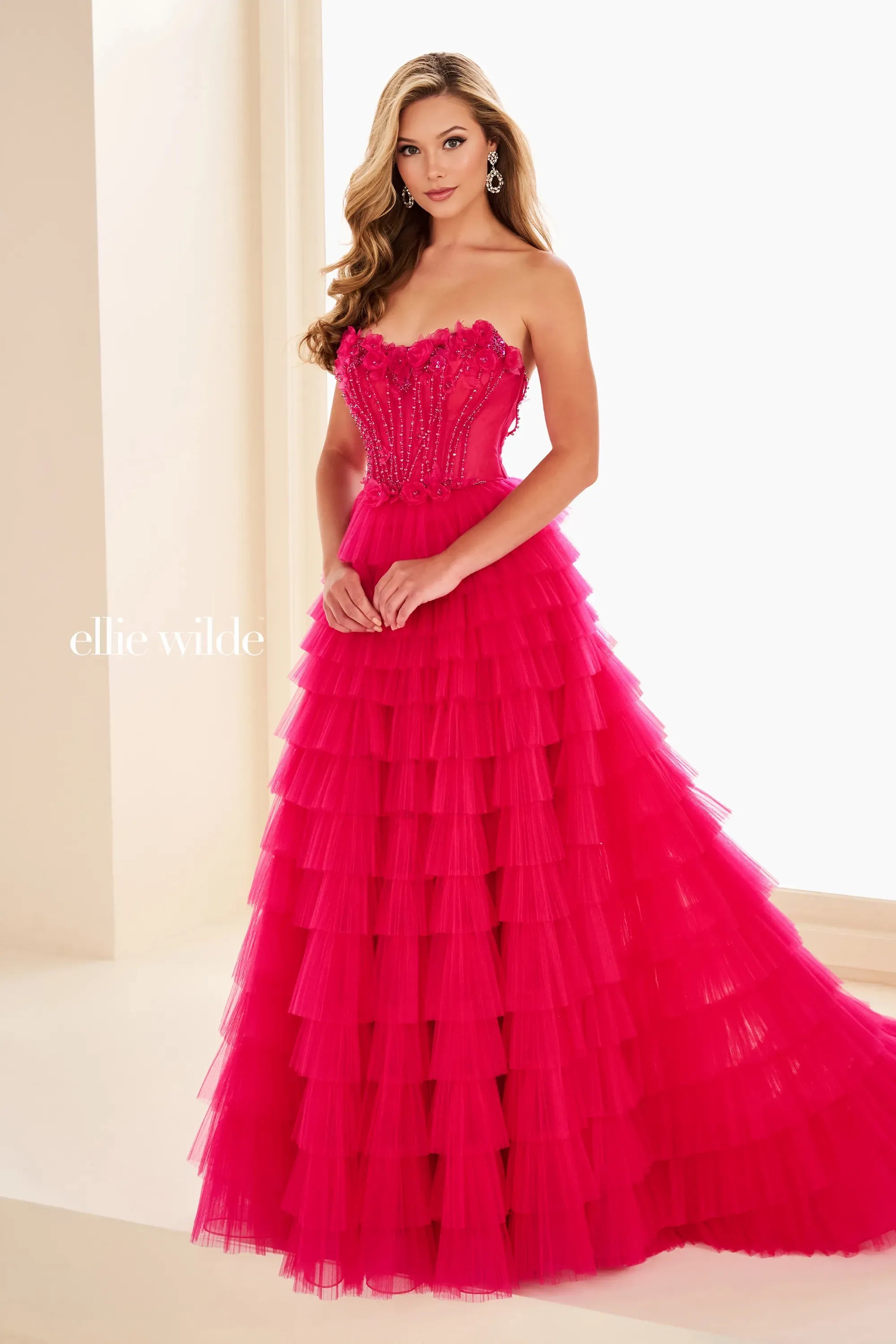 Prom Dresses Corset Beaded Long Formal Ruffle Prom Dress Magenta