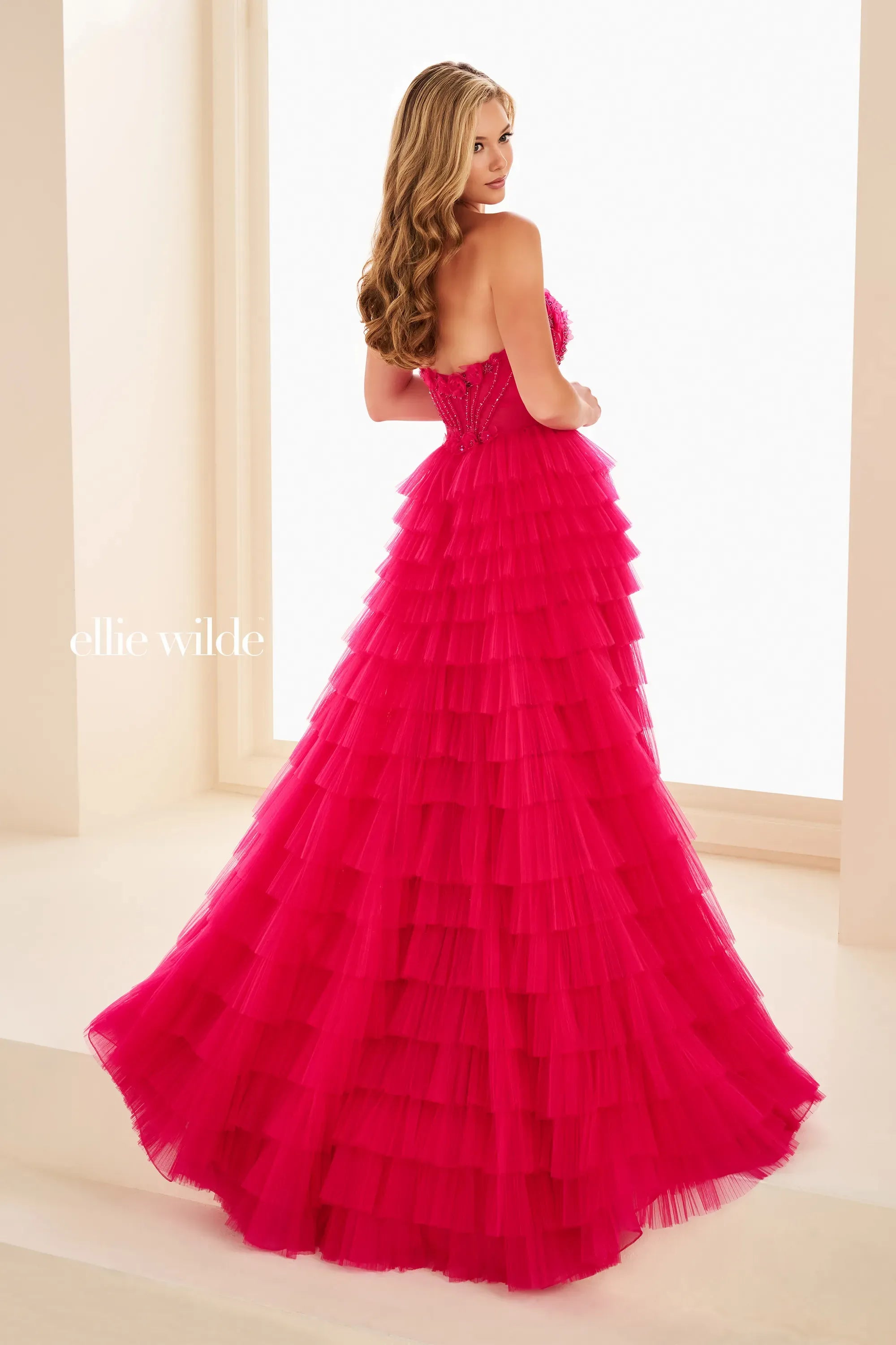 Prom Dresses Corset Beaded Long Formal Ruffle Prom Dress Magenta