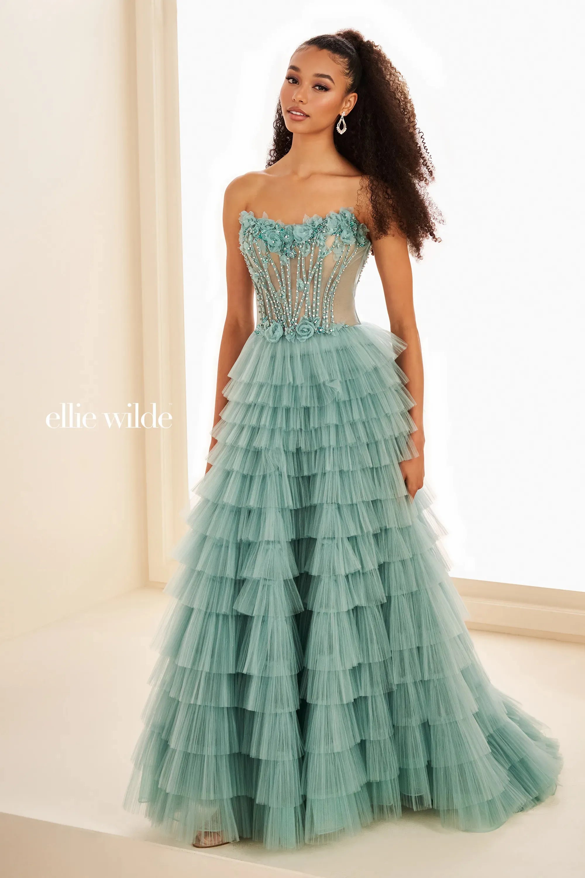 Prom Dresses Corset Beaded Long Formal Ruffle Prom Dress Sea Mist