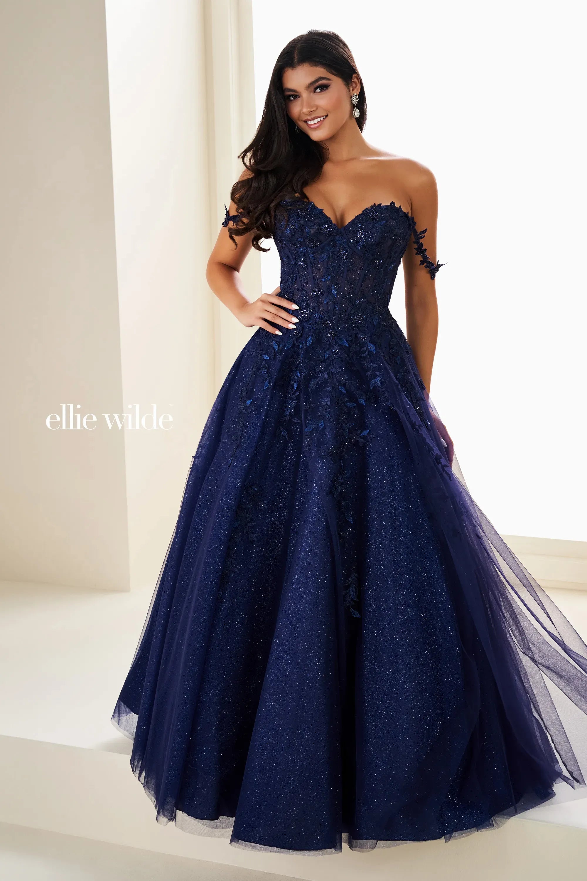 Ellie Wilde 37028 Sequin Long Formal Floral Beaded Prom Dress